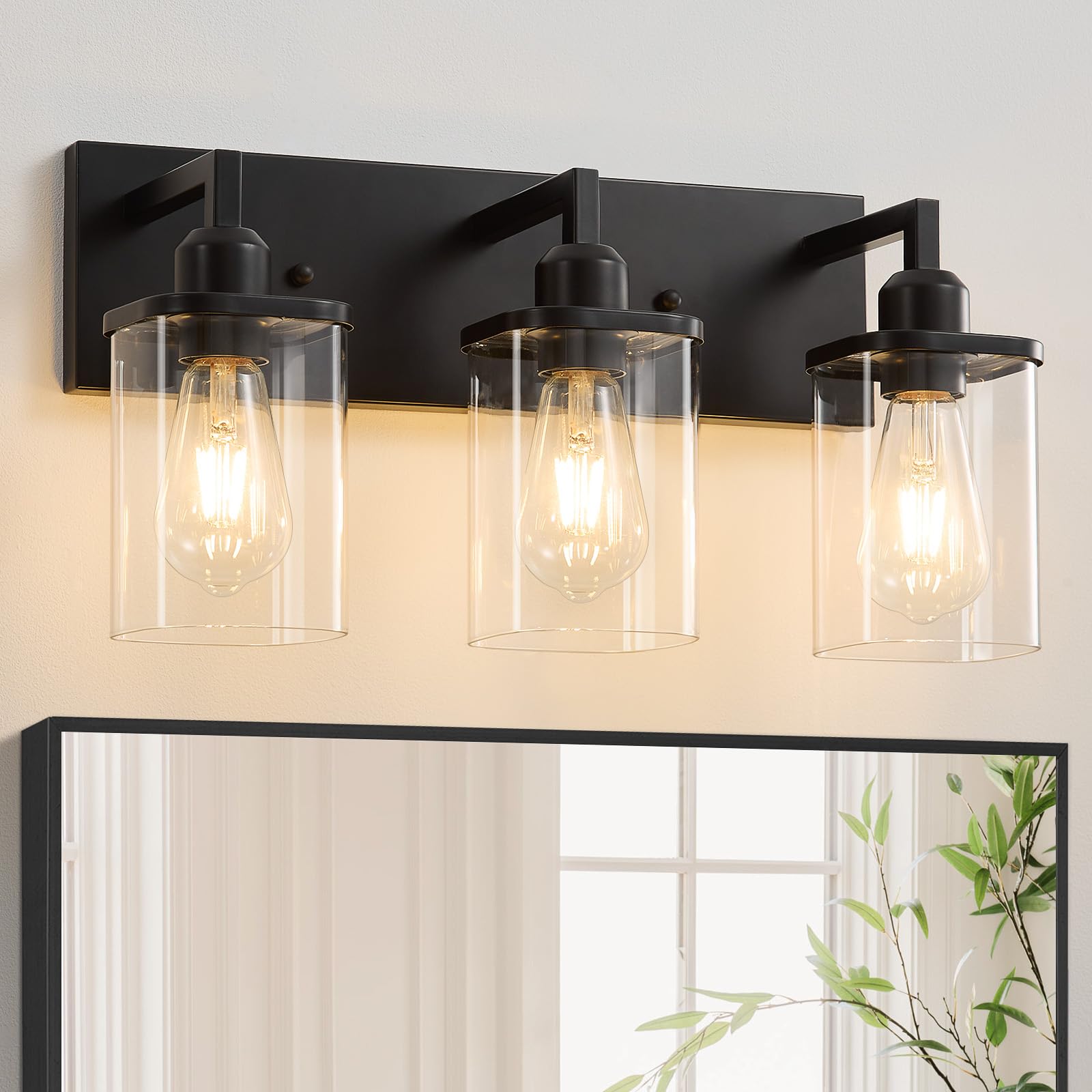 AOIZGMY  3-Light Bathroom Vanity Light Fixtures Matte Black Frame with Square Clear Glass Shades Wall Sconce for Dressing Table Bedroom Hallway
