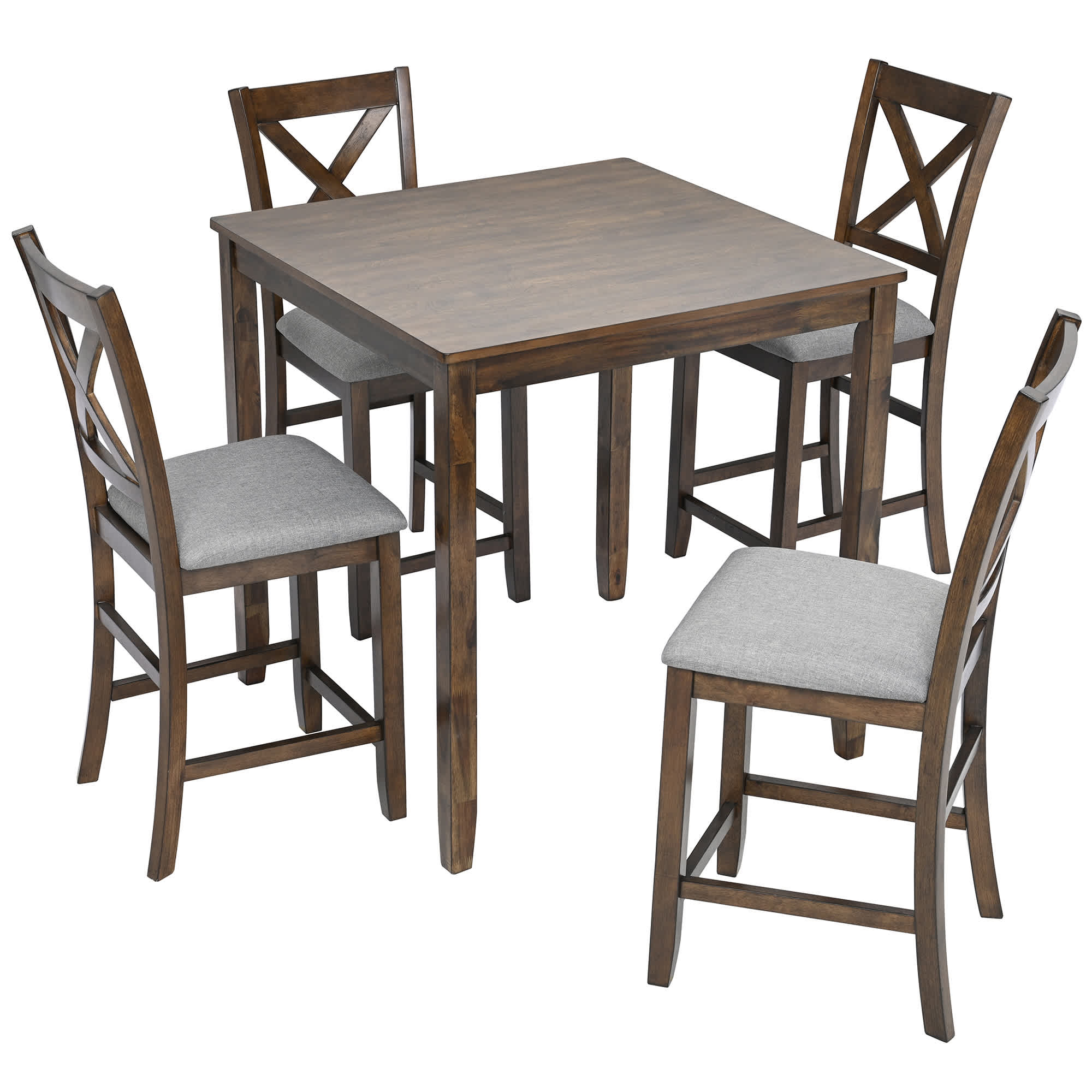 Vynxaria  5 Piece Counter Height Dining Table Set Wooden Square Table with 4 Upholstered Chairs Waterproof Small Space Kitchen Dining Set for 4 Walnut X shaped backrest