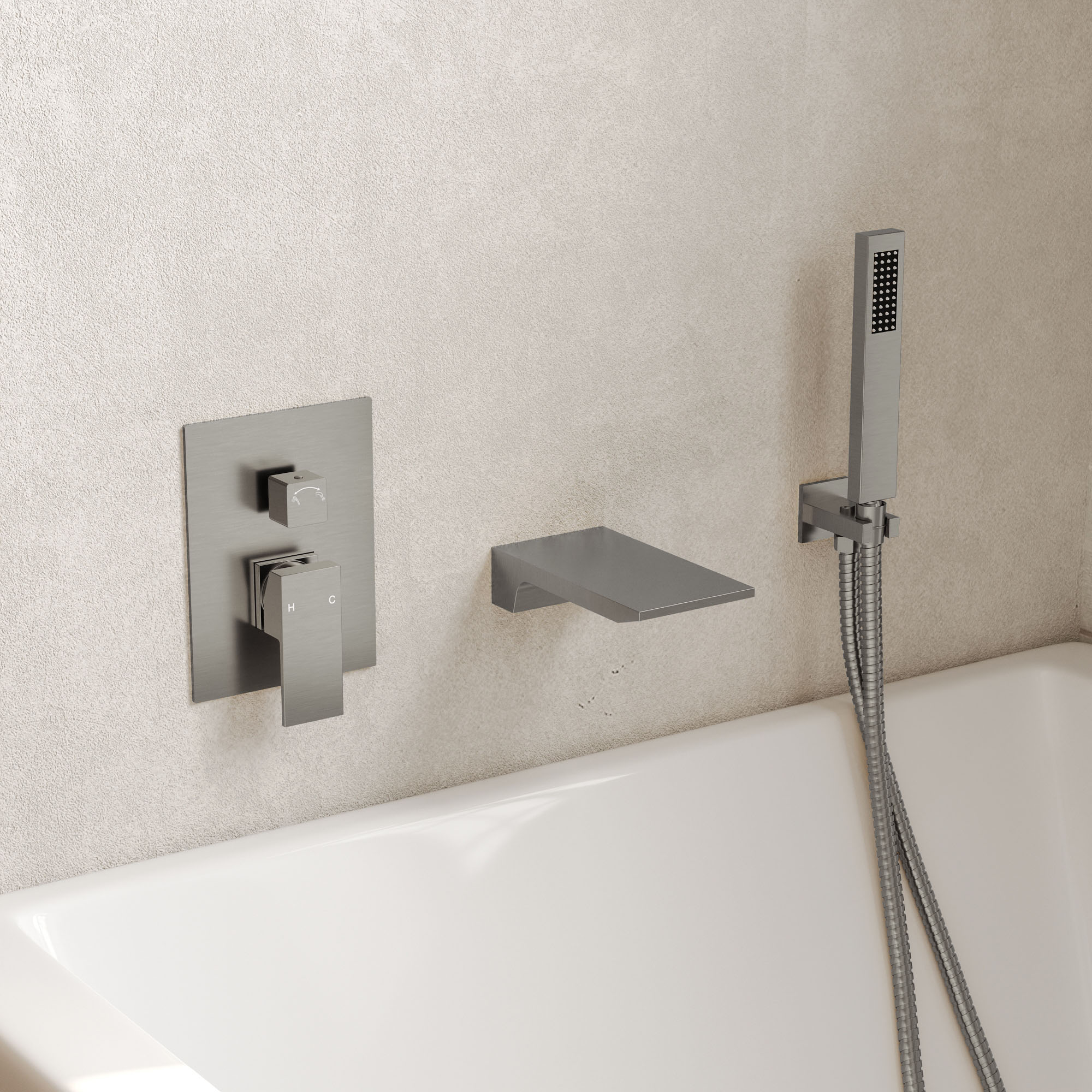 GRANDJOY  Brushed Nickel Waterfall Bathtub Faucet with Hand Shower Wall Mounted 1-Handle Tub and Shower Faucet Valve Included