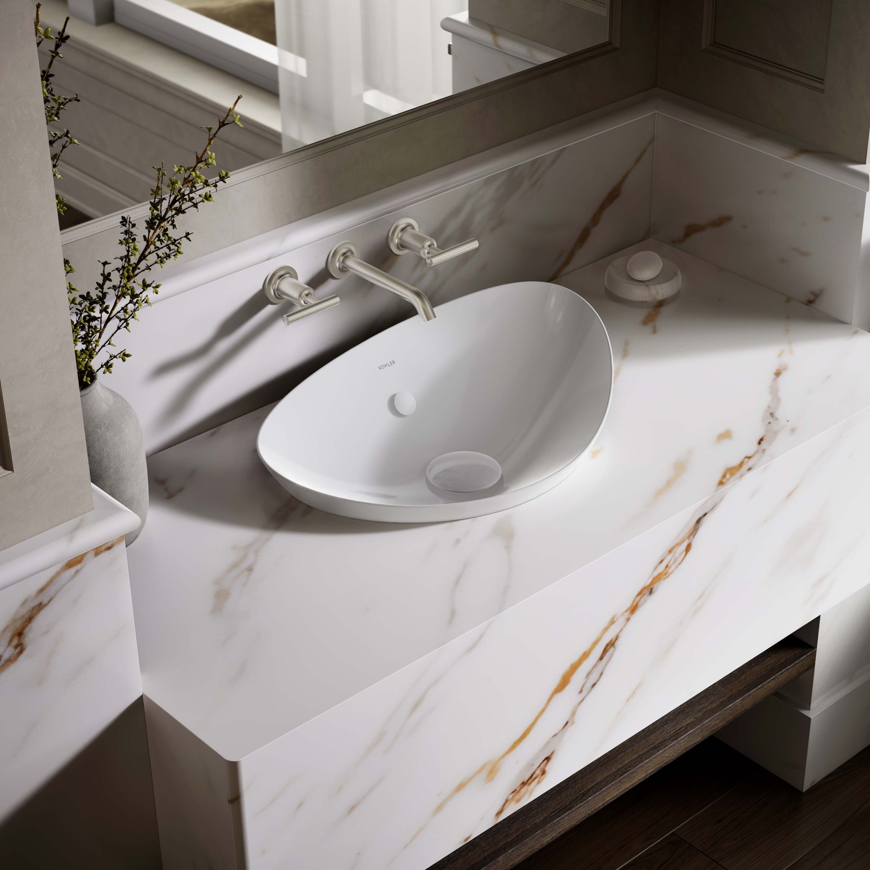 KOHLER Veil Fire Clay 14.0625-in Vessel Irregular Traditional White Bathroom Sink