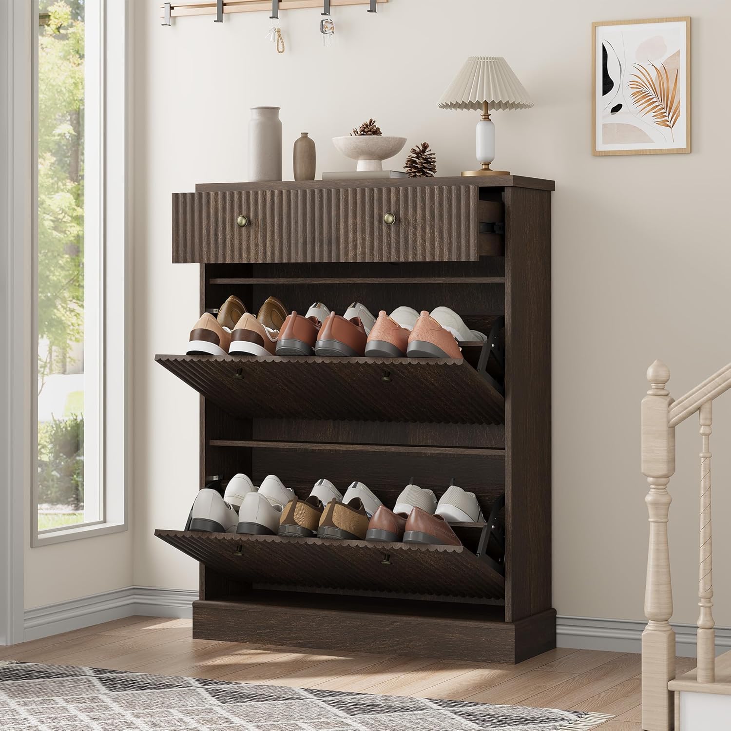 Garvee Shoe Cabinet with 2 Flip Drawers 1 Top Drawer Large Fluted Storage Cabinet with Adjustable and Removable Shelves Freestanding Narrow Shoe Organizer for Entryway Hallway Walnut
