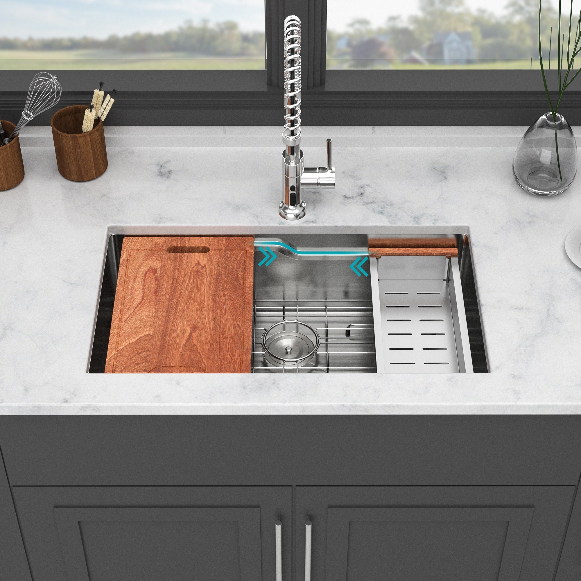 IAK 33 inch Brushed Nickel Stainless Steel Undermount Kitchen Sink with Z-Shaped Ledge Workstation