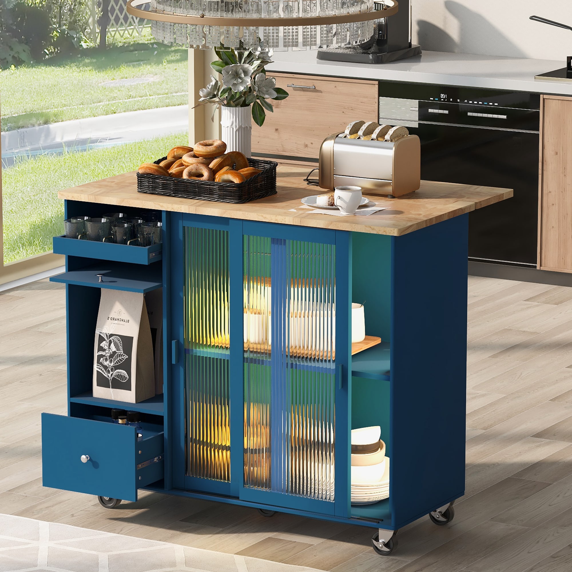 Qeetex Kitchen Island Cart With Drop Leaf Kitchen Cart On Wheels Utility Storage Trolley With LED Light 2 Fluted Glass Doors 1 Flip Cabinet Door Adjustable Shelf 2 Drawers For Dinning Room