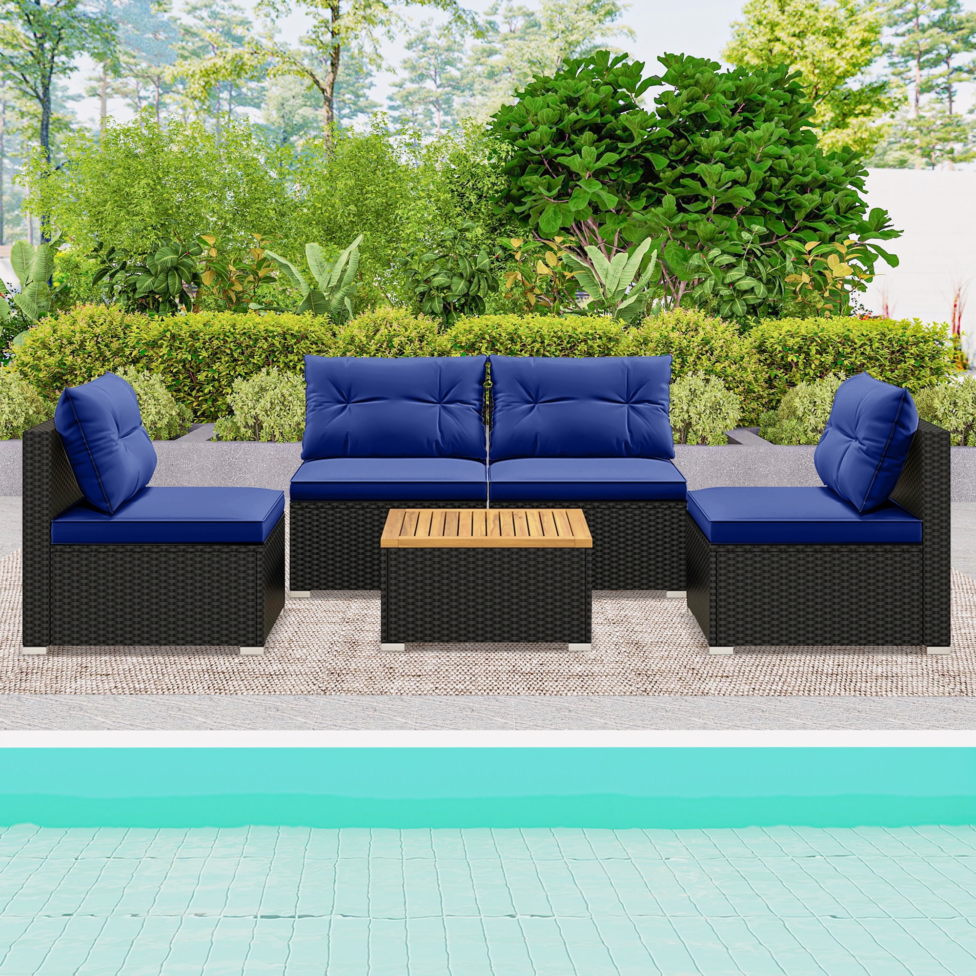 LIVIZA OUJ73007NY Rattan Outdoor Sectional with Blue Cushions and Rattan Frame