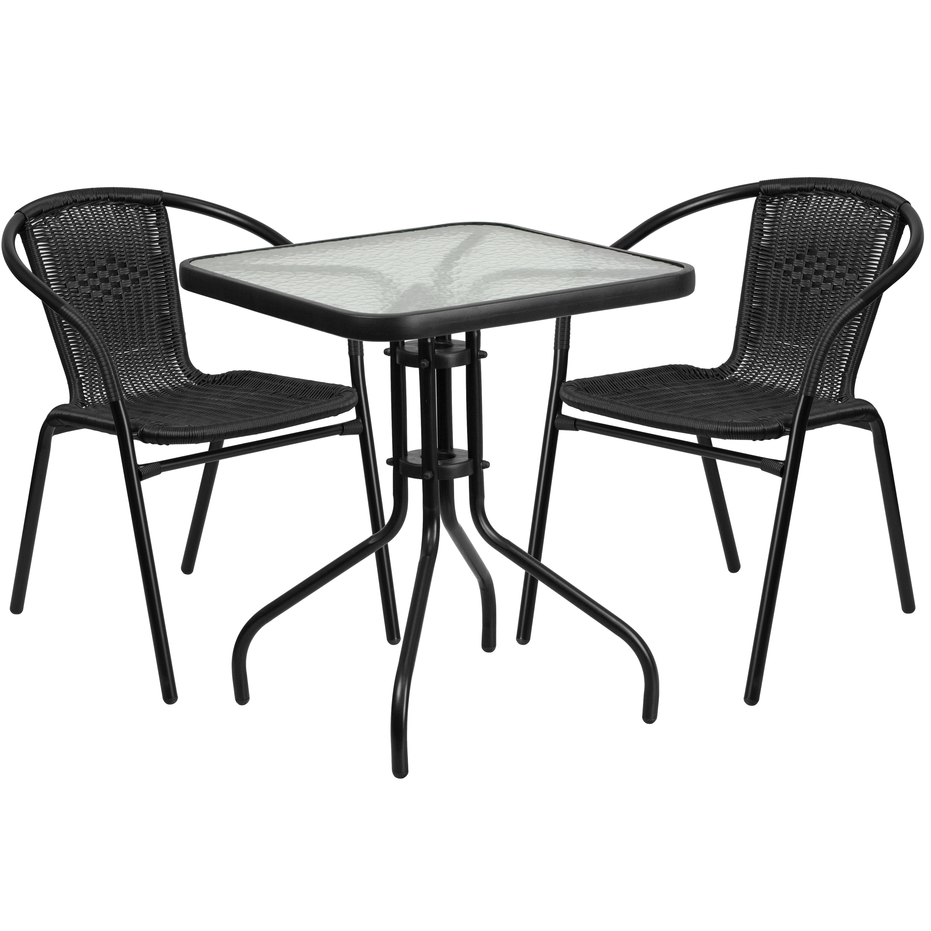 Flash Furniture 889142061571 Lila 23.5-in Square Glass Metal Table with 2 Black Rattan Stack Chairs