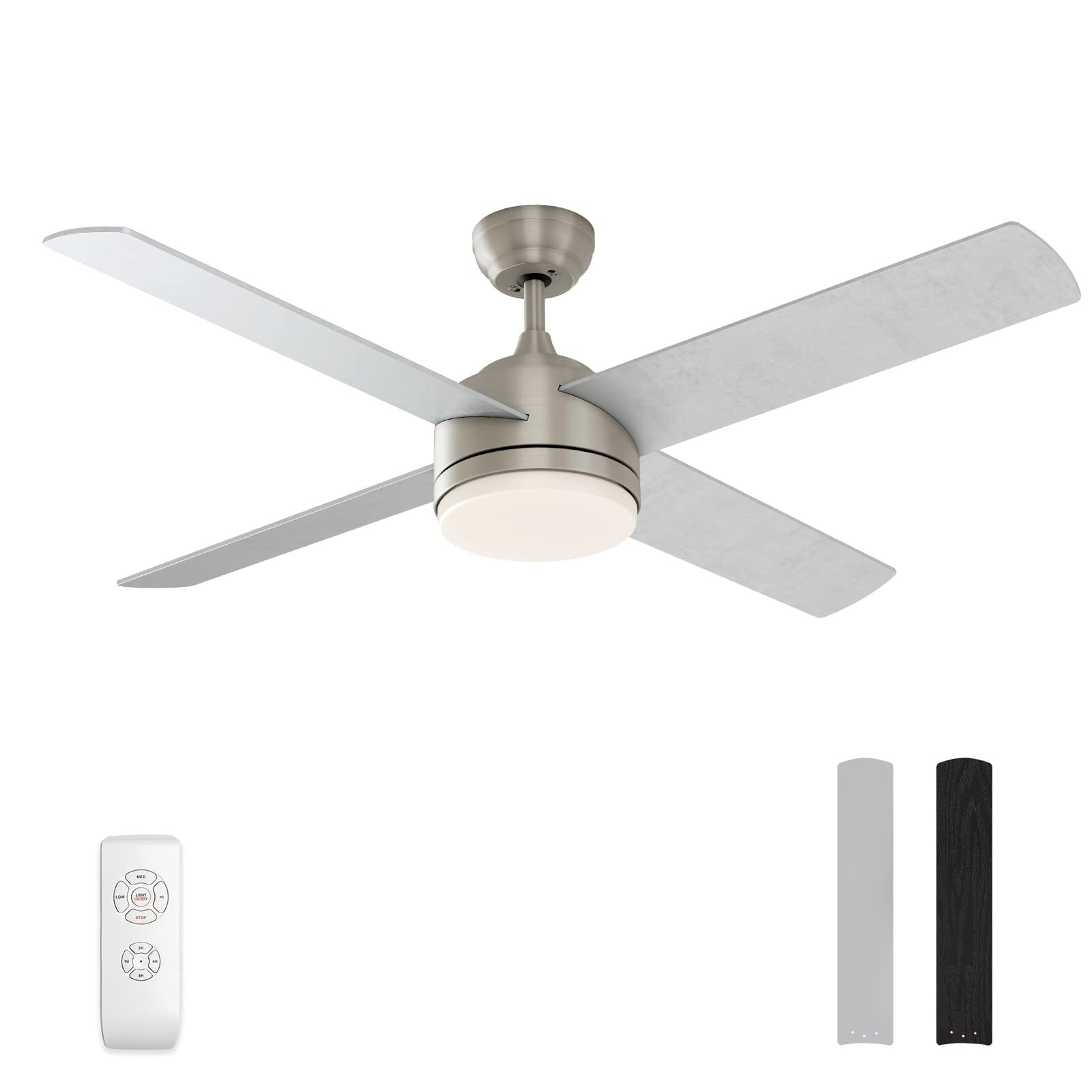 Yardreeze SZWYCF04SIL0725 52-Inches Silver with Wood Blades Integrated LED Fixture Indoor Downrod mount Standard Ceiling Fan Light kit compatible and Remote ( 4 -Blade)
