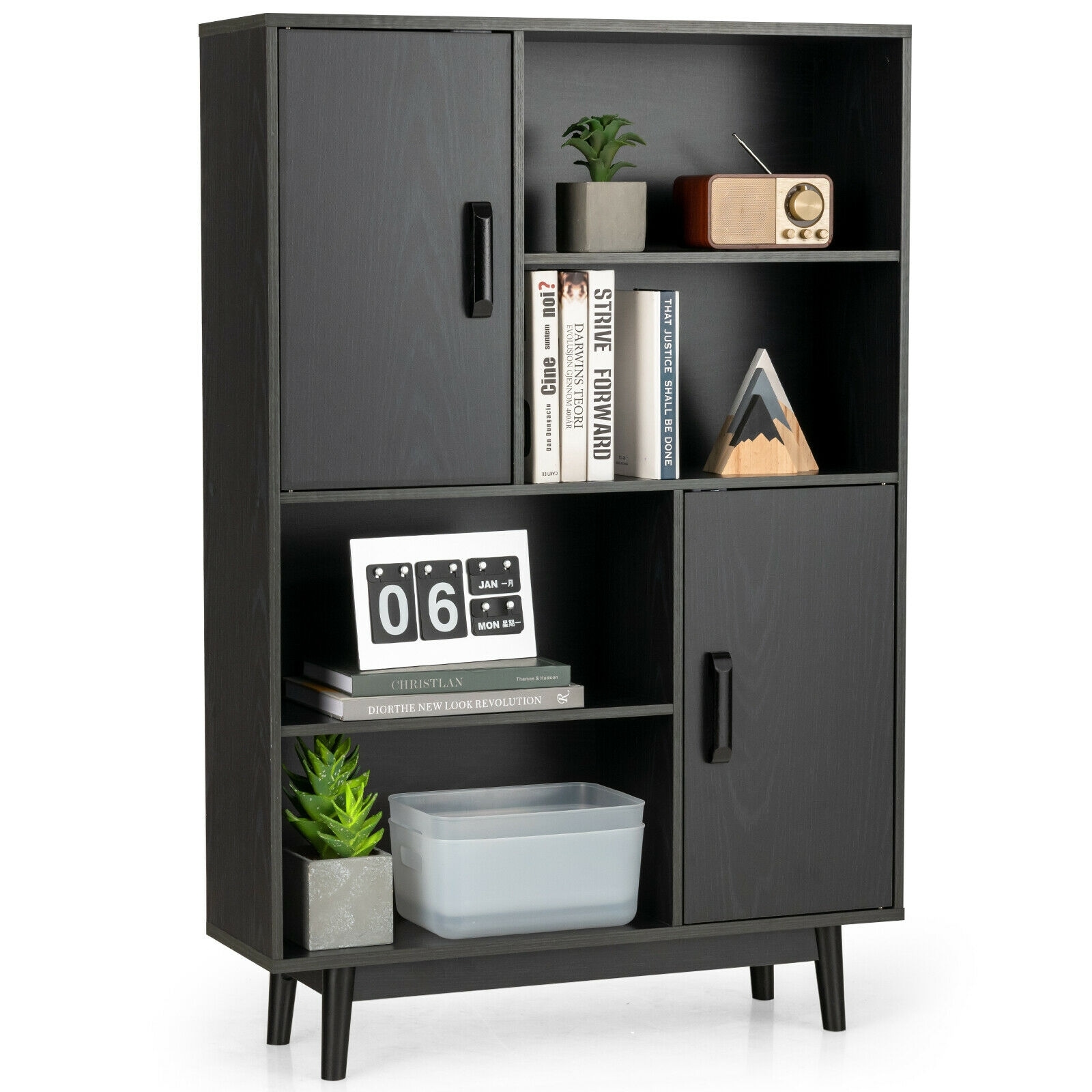 Slickblue D-CO-KB36576WH 4-Tier Accent Storage Cabinet - Modern Dark Brown/Black/White Engineered Wood Rubberwood Storage Cabinet Bookshelf and Display – 2 Doors Anti-Tip for Living Room/Bedroom/Study