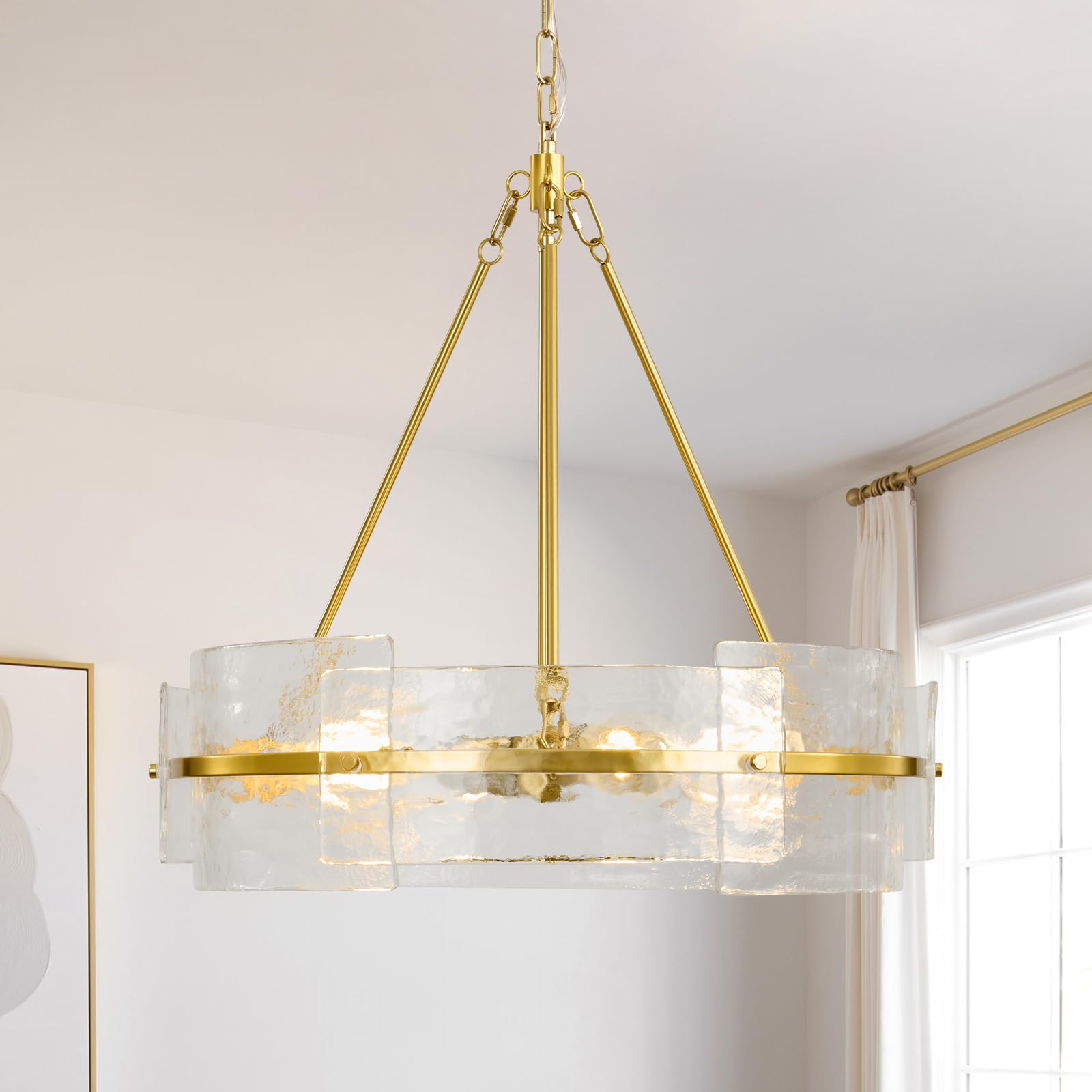 ITOPFOX  Modern Glass Drum Chandelier for Dining Room 22 Inch Brushed Gold Hanging Light Fixture with Water Ripple Crystal Design