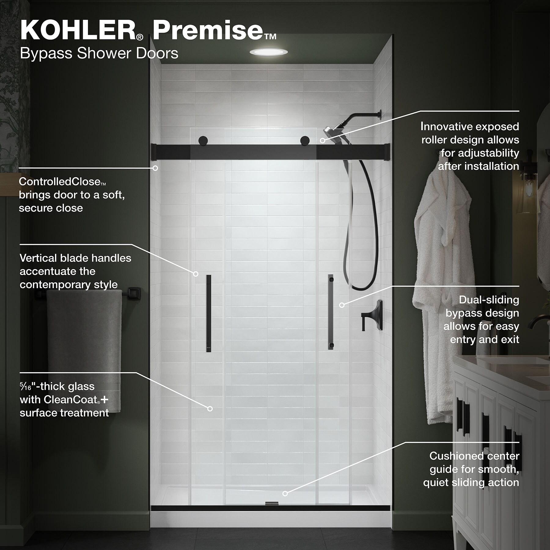 KOHLER Premise Matte Black 44-in to 48-in W x 75.75-in H Frameless ...