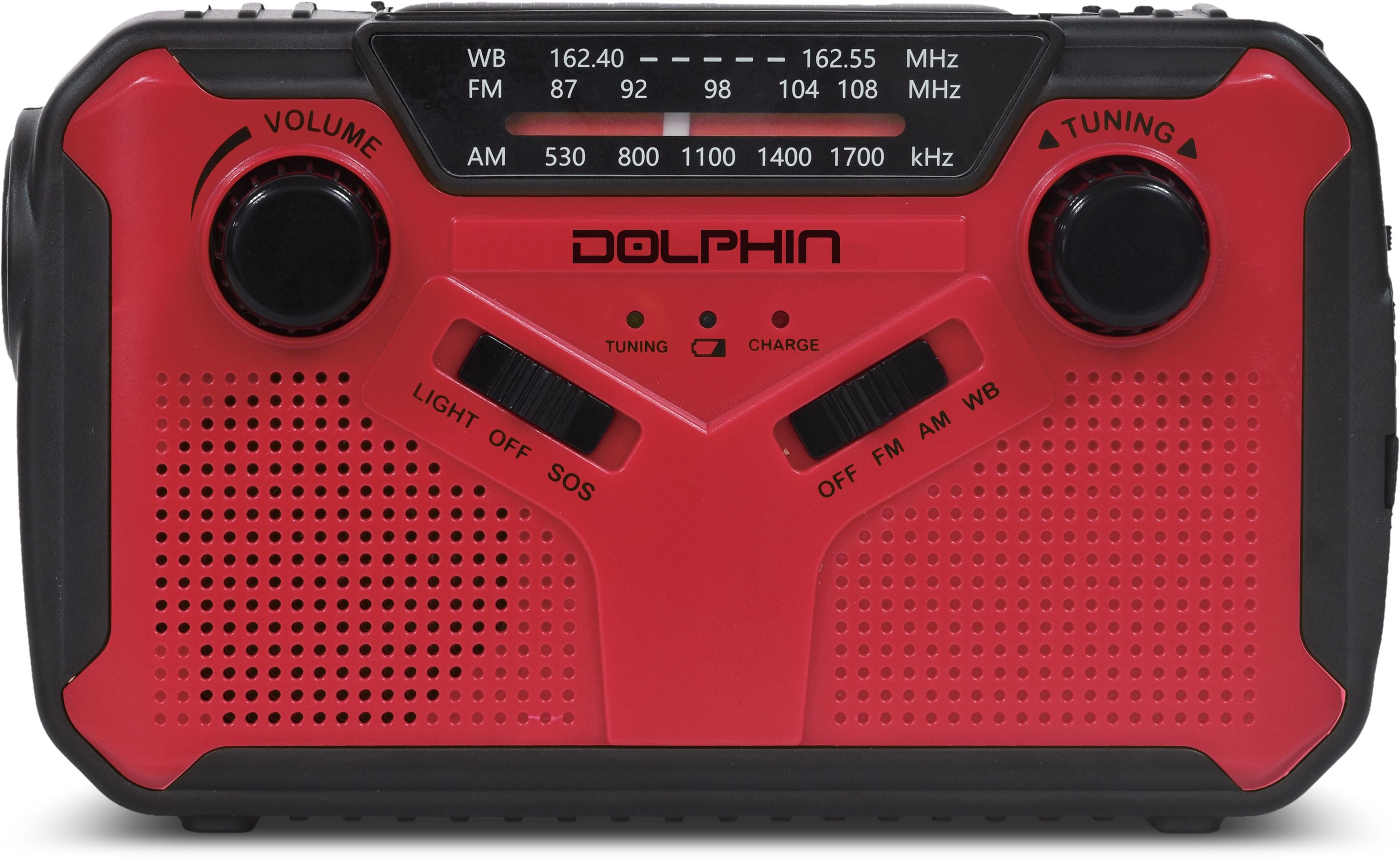 3-Channel AM/FM Weather Radio with Built-In Powerbank and Hand-Crank + Solar Charging | - Dolphin R-100C RED