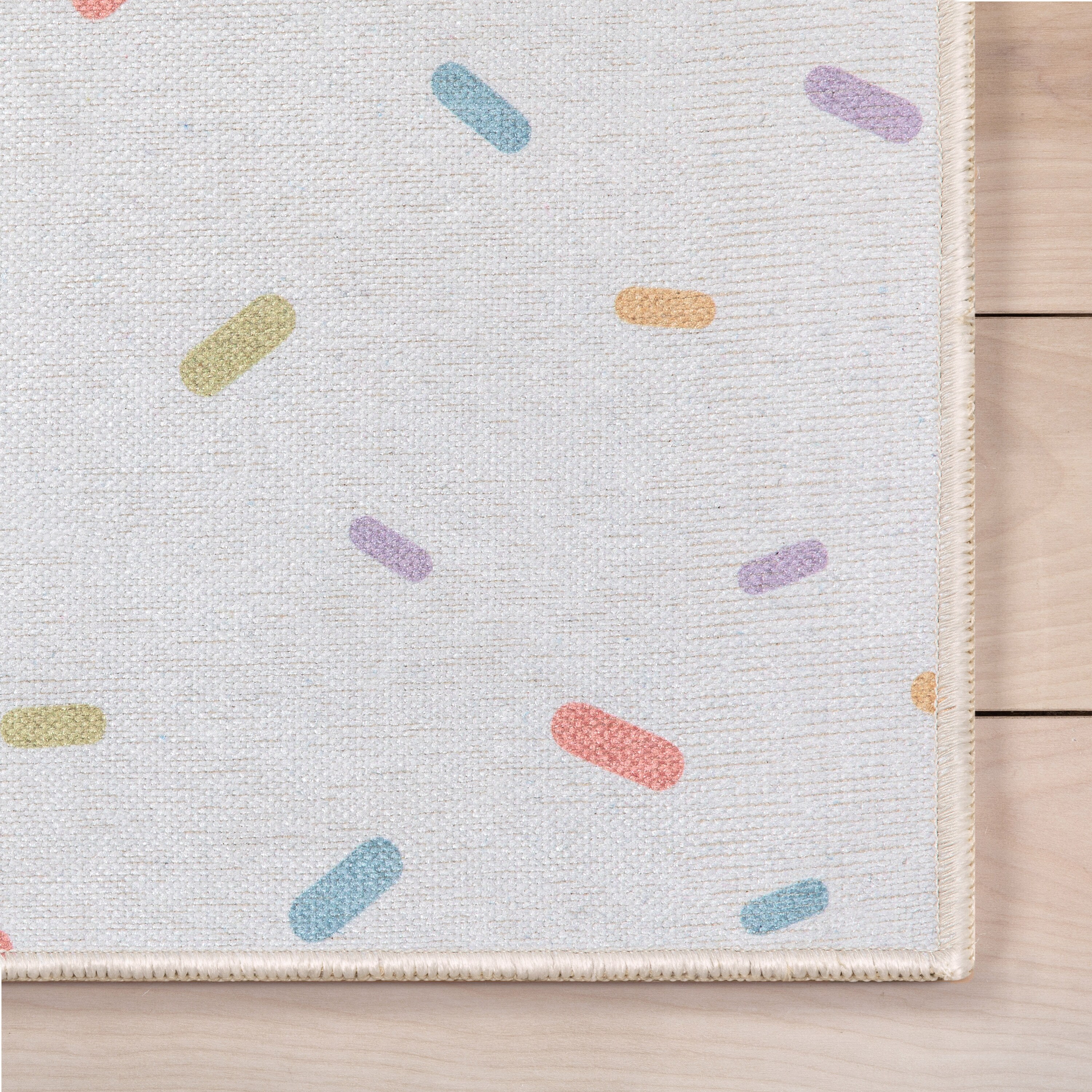 White and Multicolor Chenille Flat Woven Kids Rug, 6' x 9'