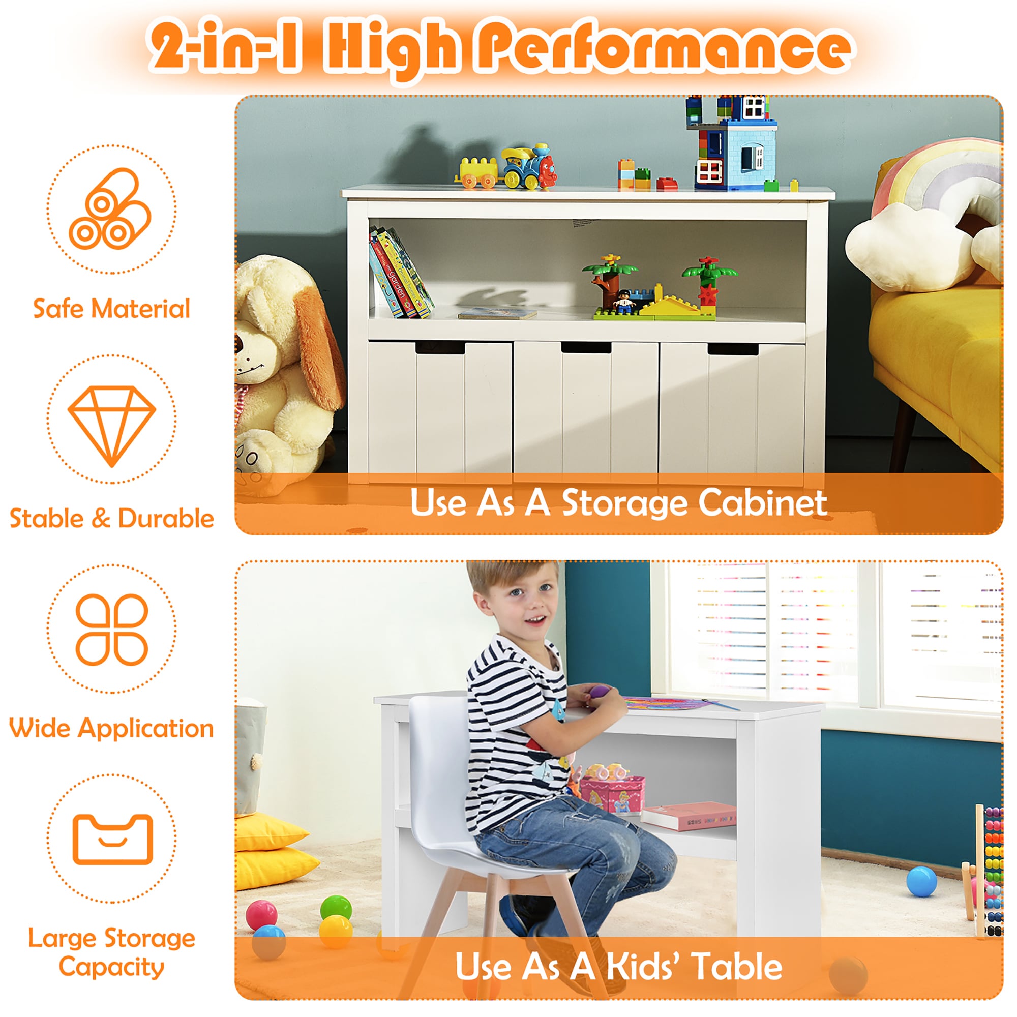 White Kids' Toy Storage Cabinet with 3 Drawers and Wheels
