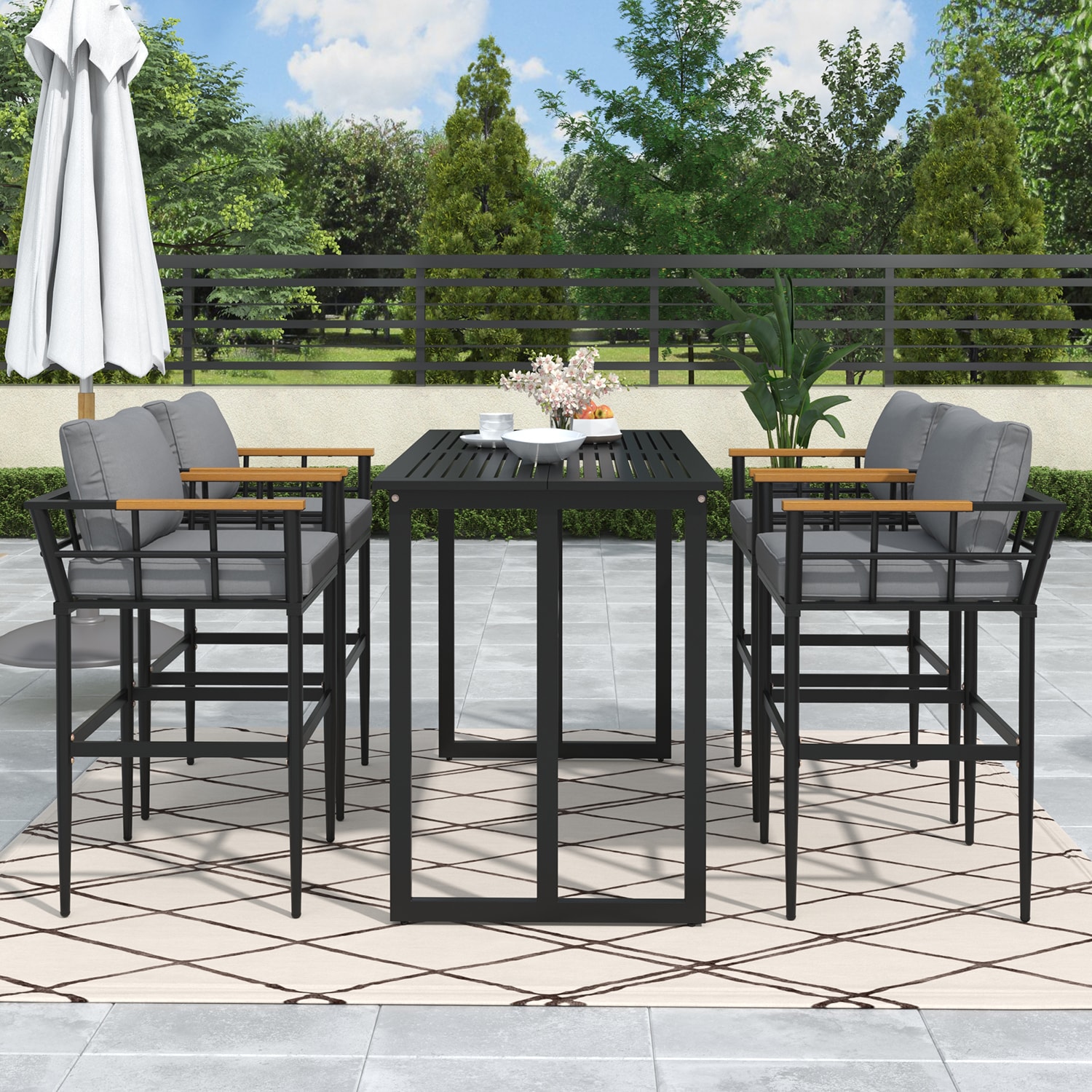 Bybafun YA7000002 5 -Piece Black Bar Height Patio Dining Set Steel Rectangle Table with 4 Gray Cushions Stationary Chairs