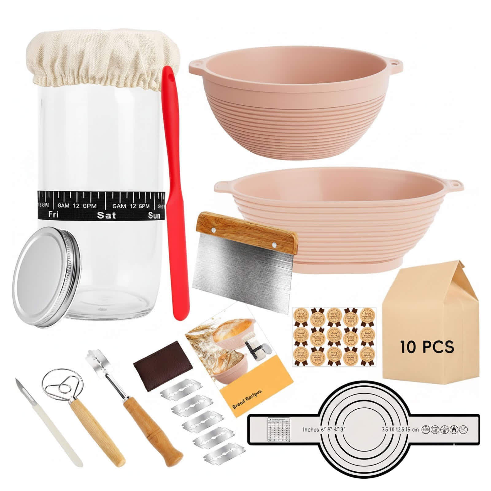 Etokfoks  Sourdough Starter Kit 24PCS Bread Baking Supplies Silicone Banneton Proofing Basket Set of 2 with 10pcs Bread Bags for Baking Lovers
