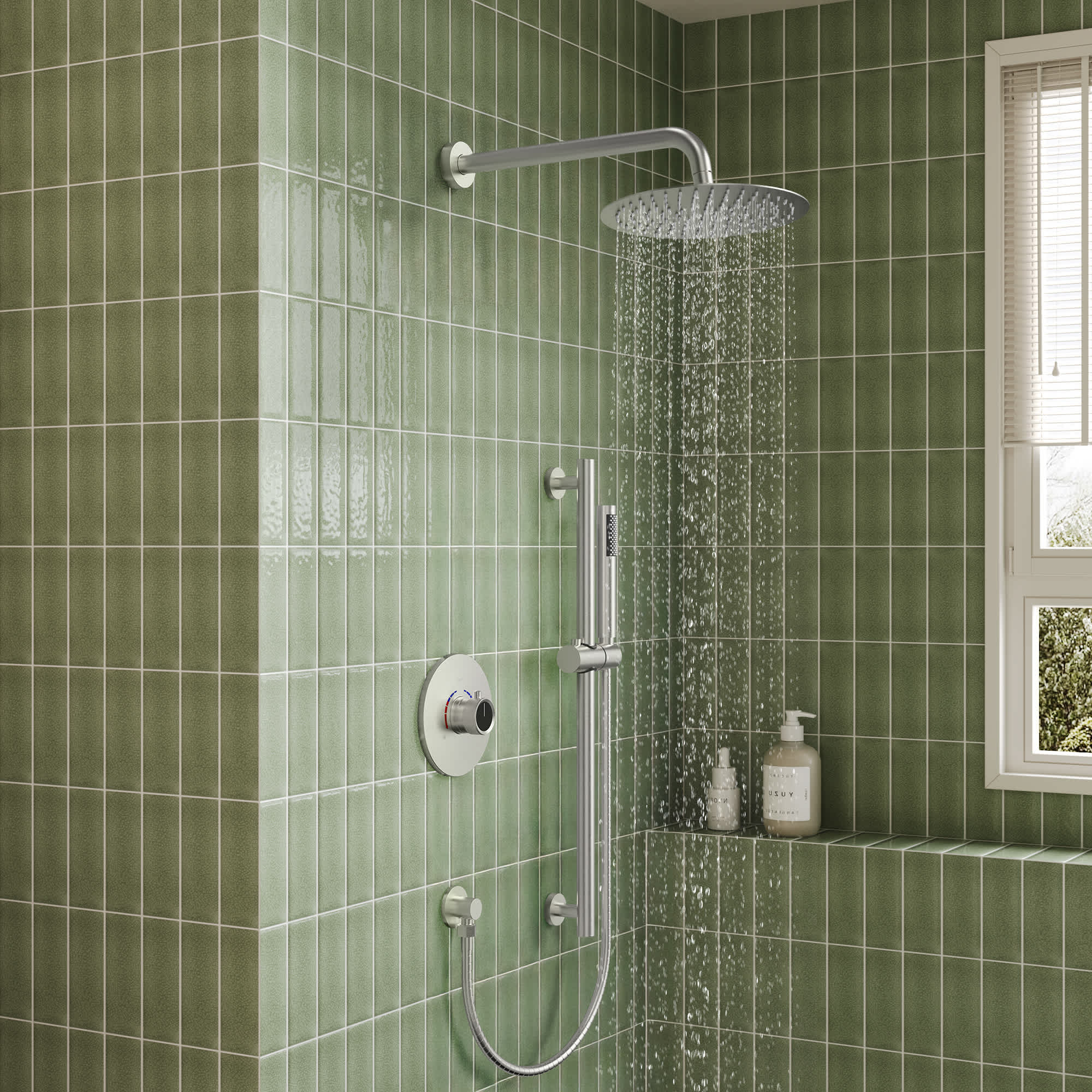 EVERSTEIN SFS-1013-NK10 Wall Mount Pressure-Balanced Shower System with 10-in Rainfall Shower Head and Handheld Spray in Brushed Nickel