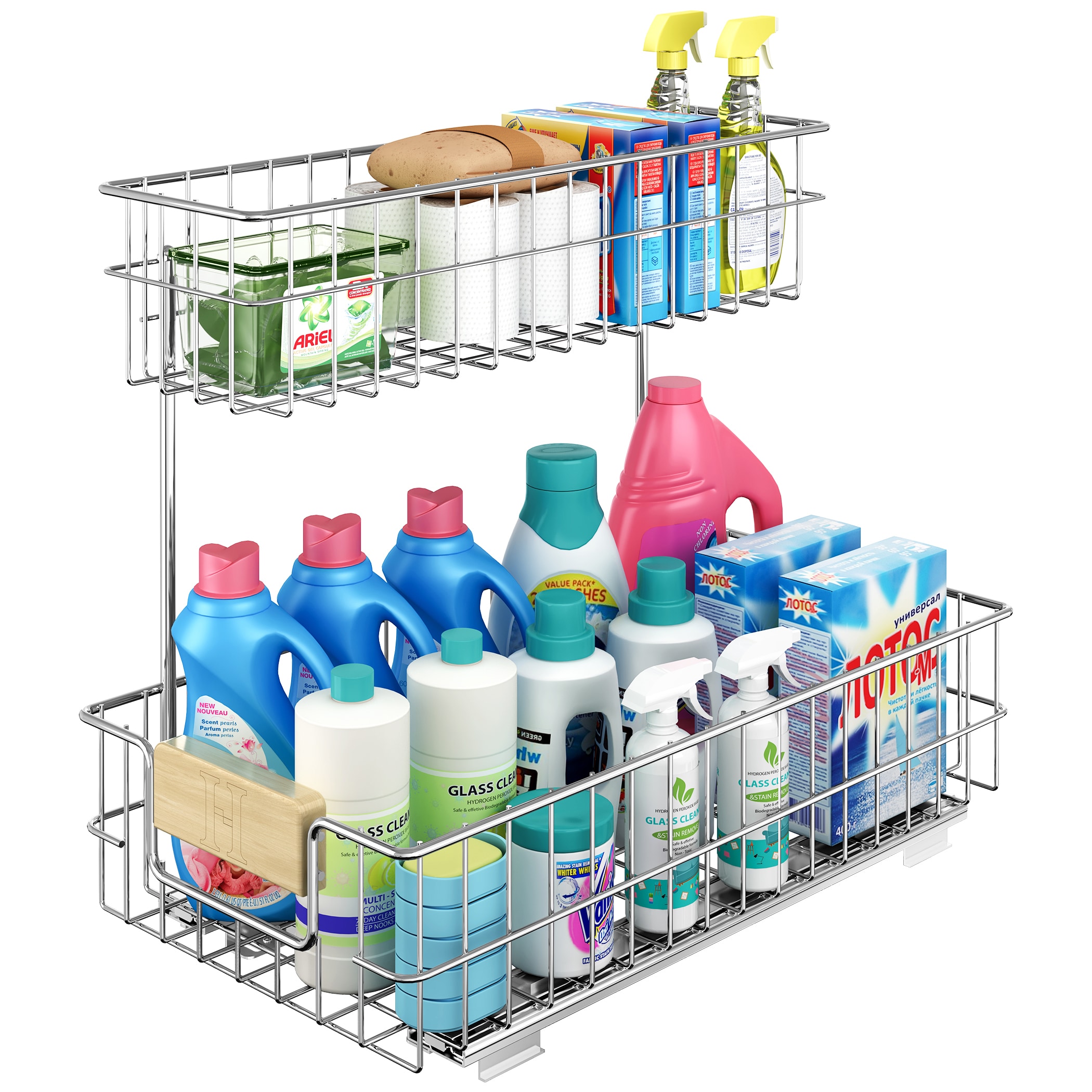 LOVMOR LL-A10A005055-LYJ 11.5 in. W x 21.5 in. D Pull Out Under Sink Organizer with Wood Handle   Cabinet Slide Out Storage Shelf with 2-Tier Wire Drawer (Left)