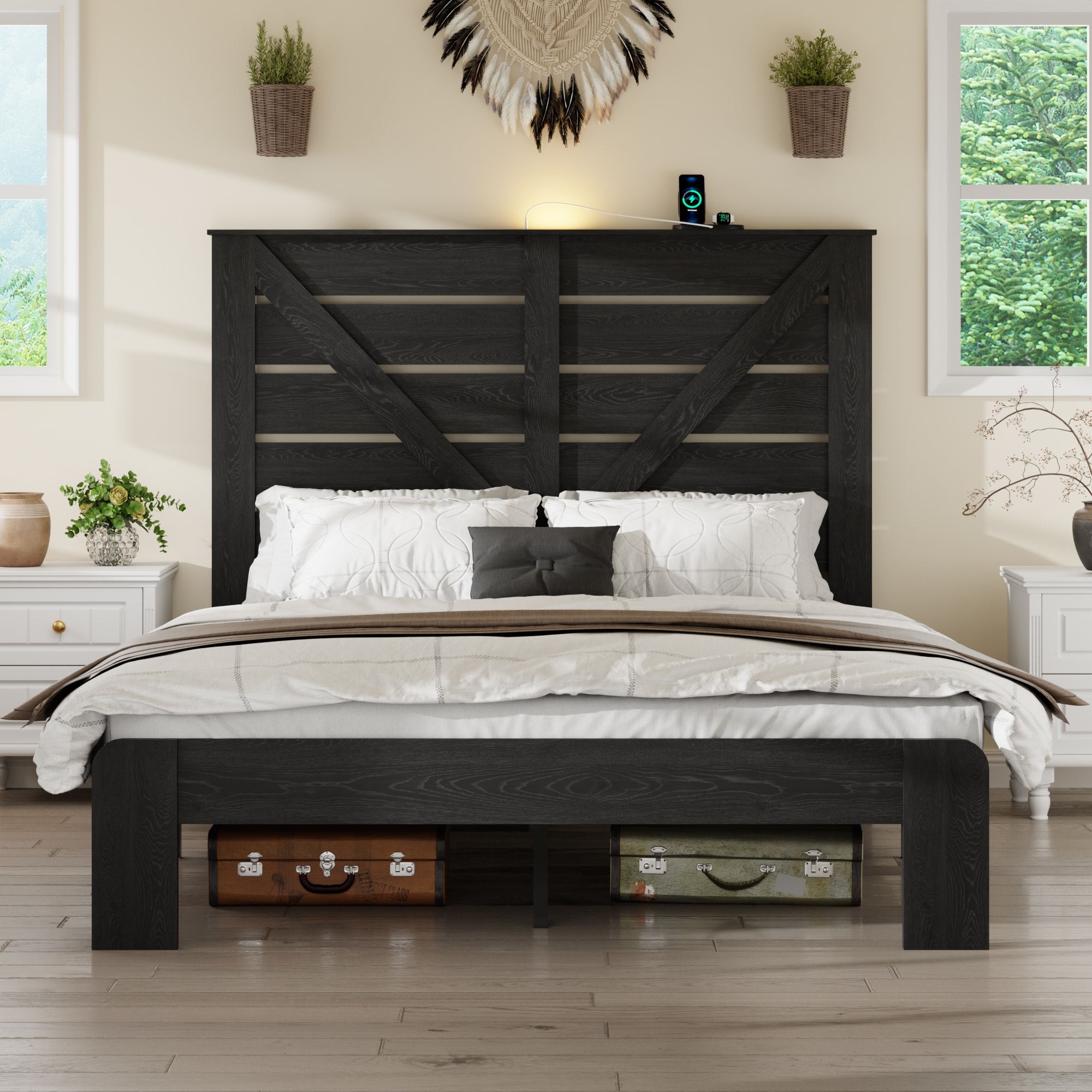 Hrinhom - Full BLACK Wood 4-Poster Bed with Headboard