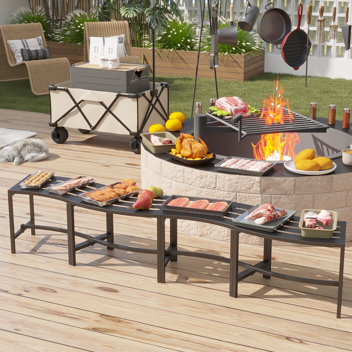 FUFU&GAGA Fire Pit Bench Set of 4 Black Iron Frame