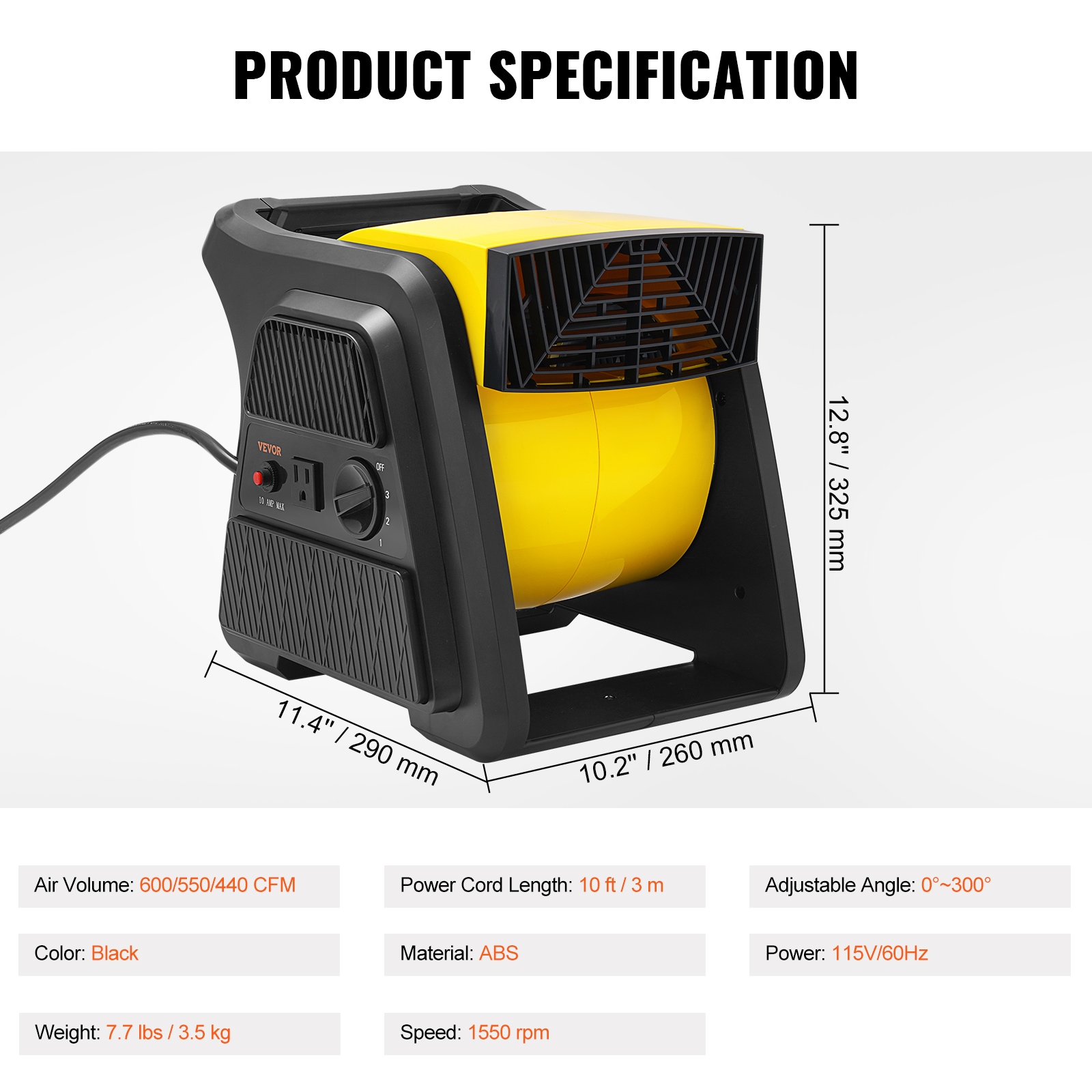 Vevor 12.8'' Yellow and Black Pivoting Utility Fan
