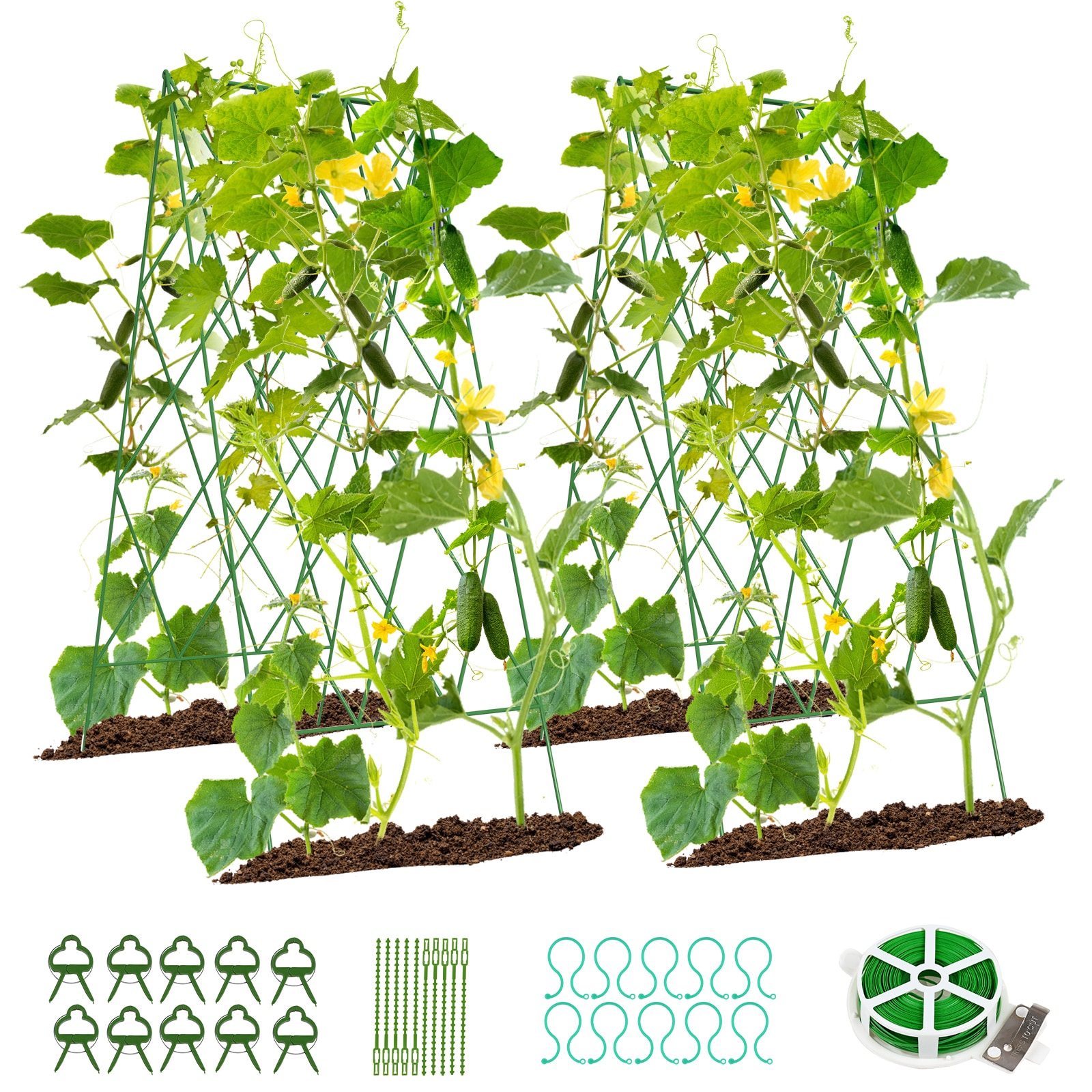 DOCRED  2 Pack Foldable A Frame Cucumber Trellis Garden Plant Grow Support with Clips Twist Ties Plastic Ties for Raised Bed Tomato Climbing Plants Flowers Green