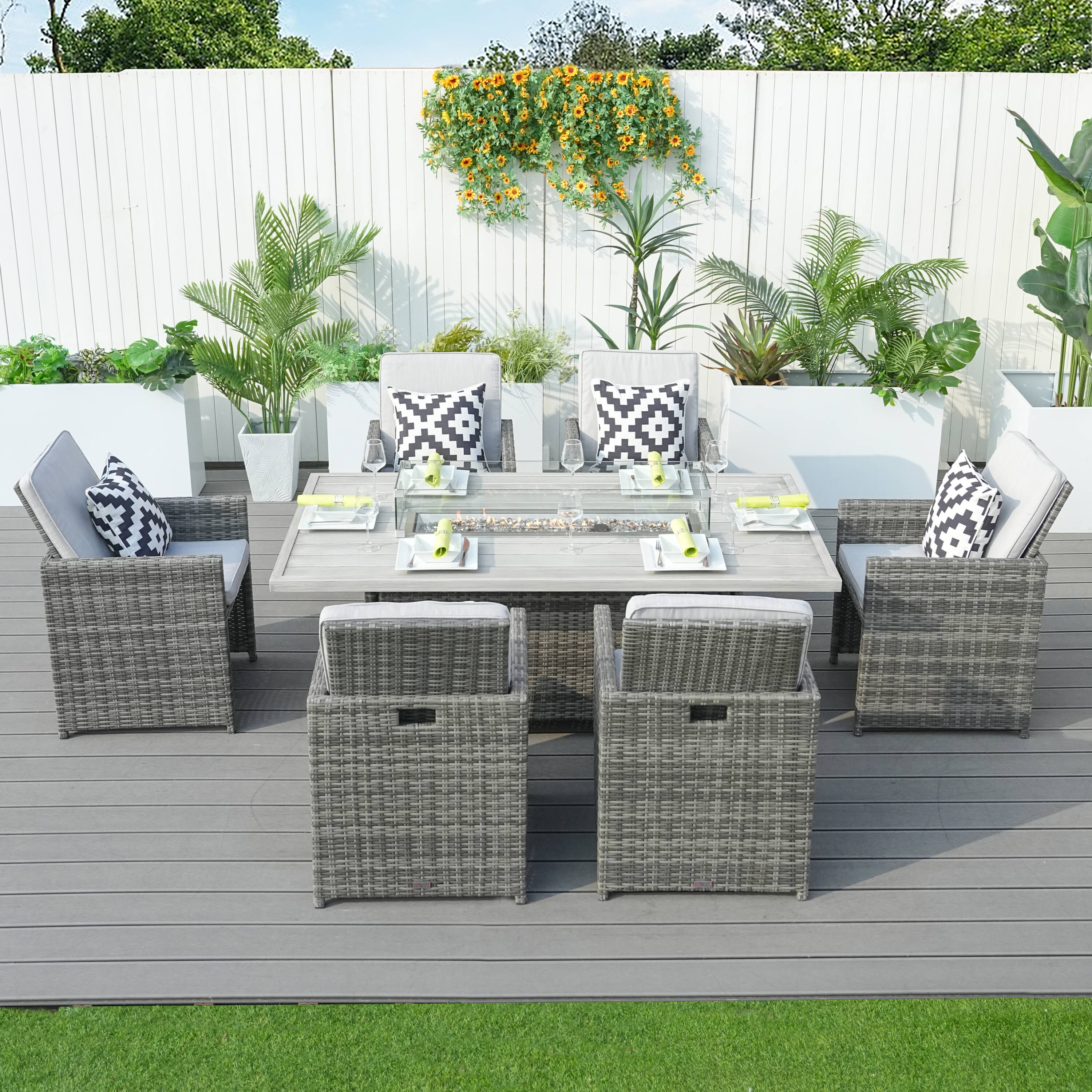 Direct Wicker DWG-1634RA-GR Flame 7 -Piece Gtay Wicker Patio Dining Set Aluminum Rectangle Table with 6 Tan Cushions Stationary Chairs Fire Pit Included