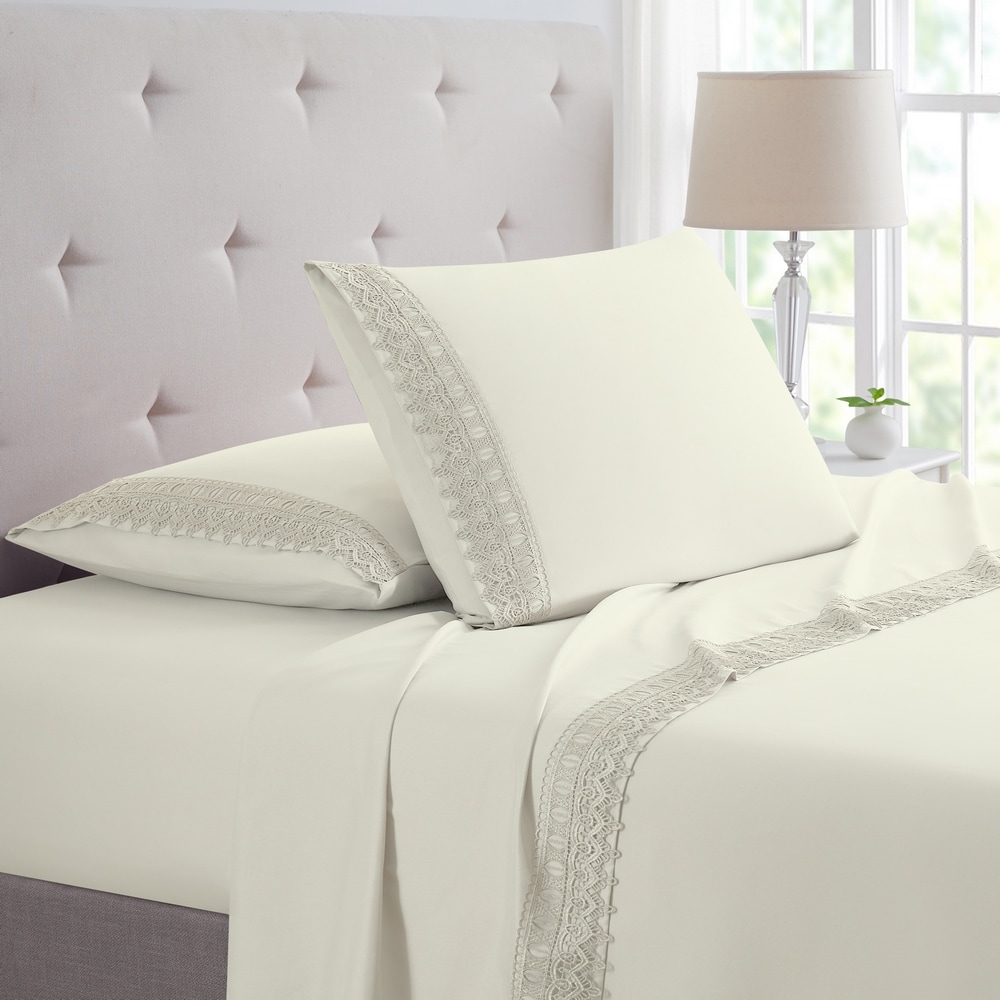 Bibb Home Queen 1800 -Thread Count Microfiber Ivory 4 -Piece Bed Sheet Set