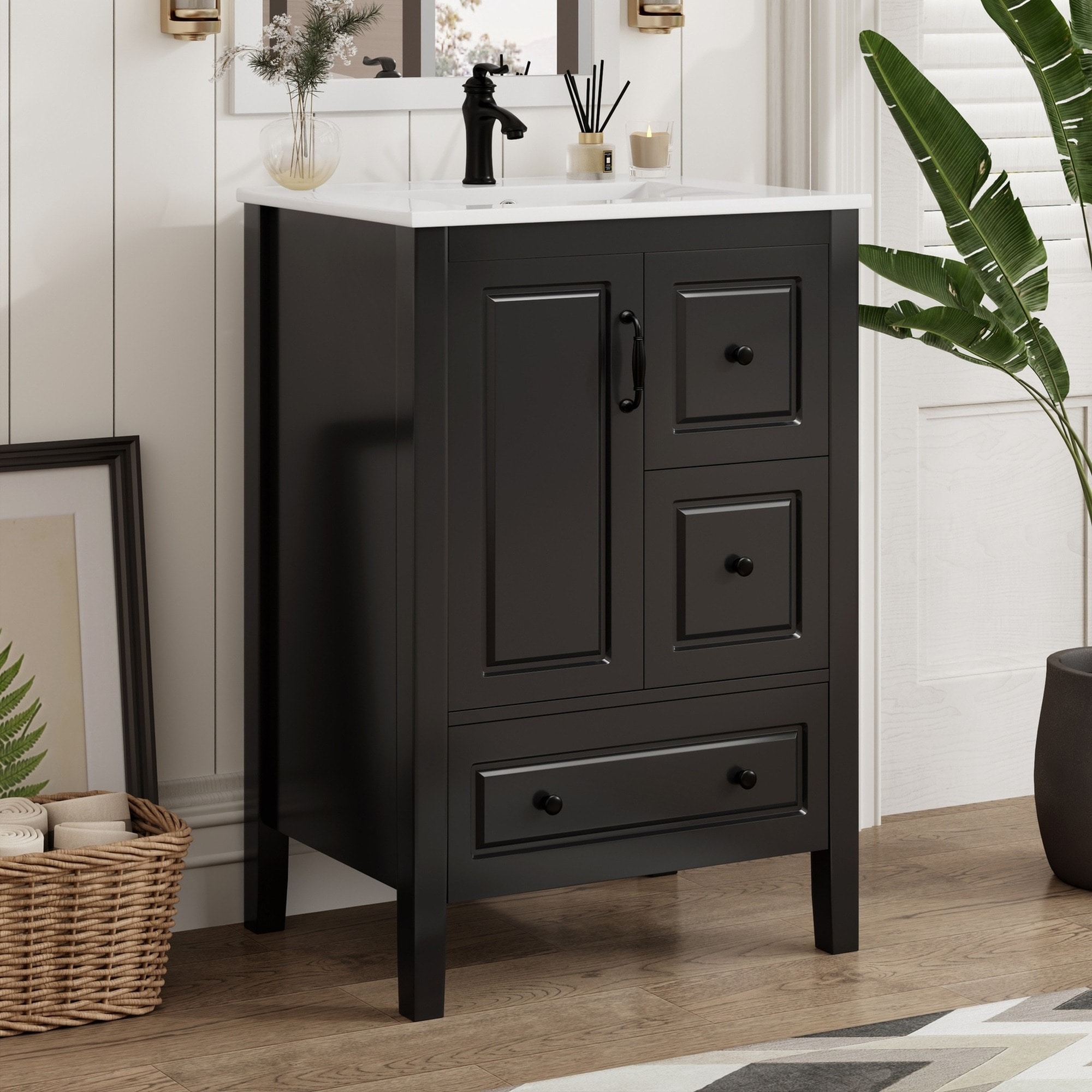 IAK 24 inch Black MDF Bathroom Vanity with Ceramic Sink and Soft-closing Doors and Drawers