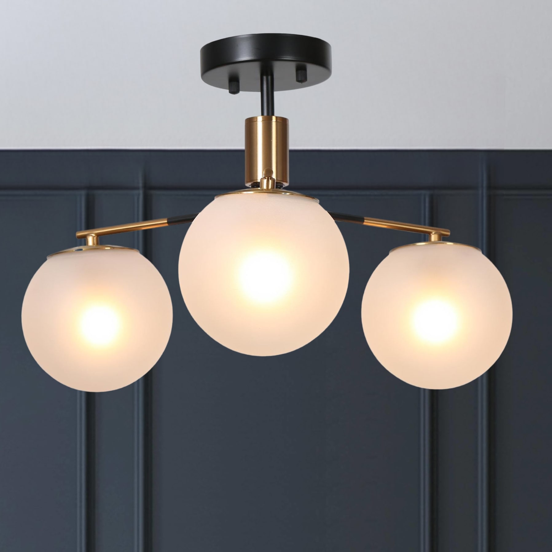 Modern 19" Matte Black and Brass Semi-Flush Mount with Frosted Glass Globes