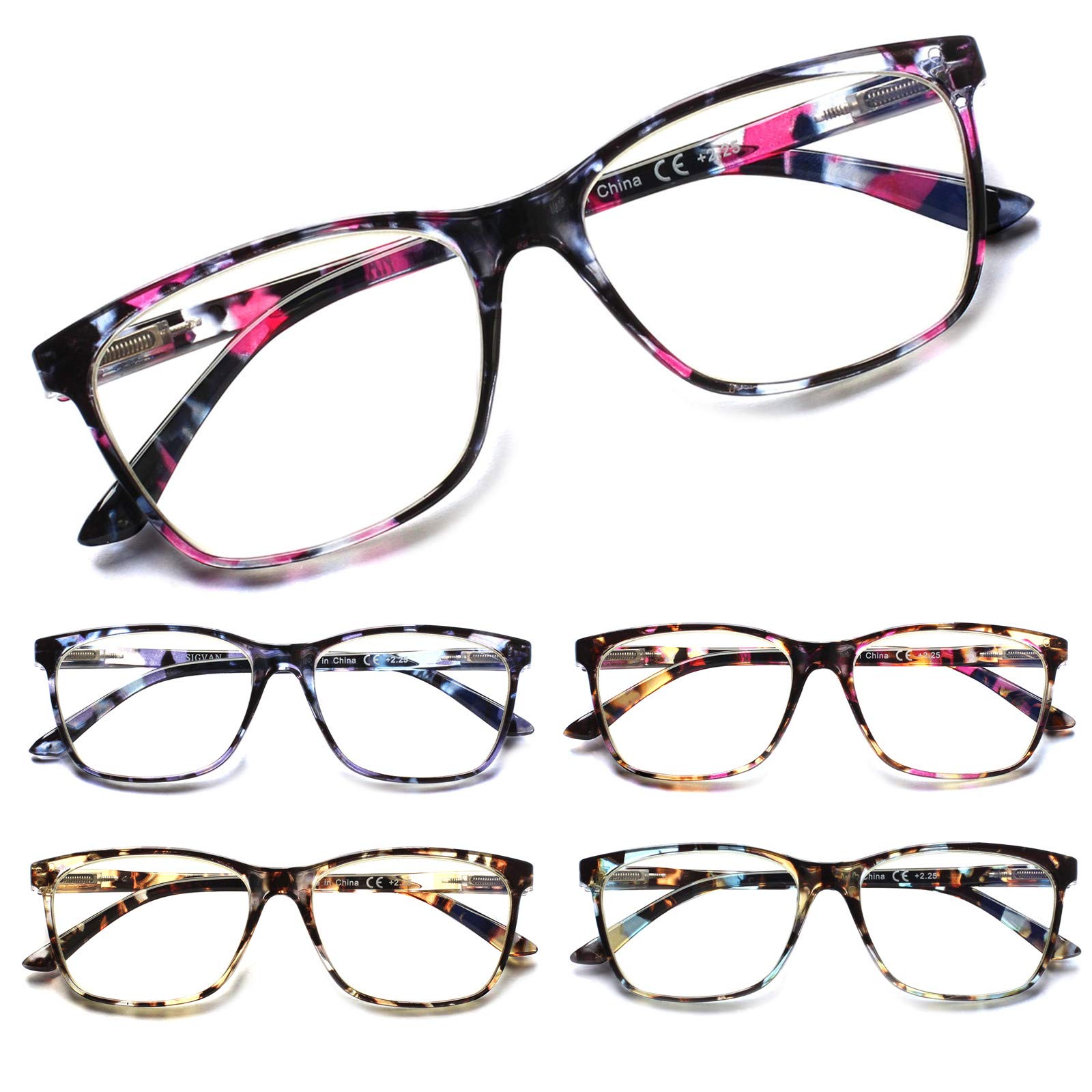 Vrbgify  Ladies Reading Glasses Blue Light Blocking Fashion Pattern Eyeglasses for Women Spring Hinge Comfortable Fit 5 Pairs Set Includes Soft