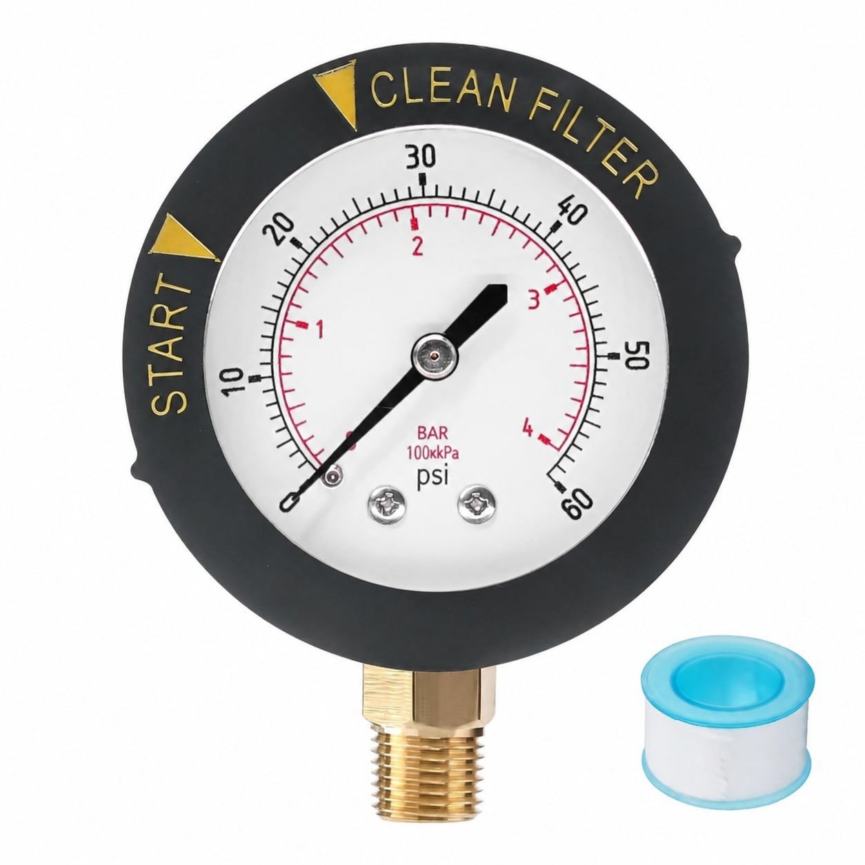 Phyfalip  Pool Filter Pressure Gauge 0 to 60 psi 2 Inch Dial Stainless Steel Case Waterproof Lower Mount Clean Filter Indicator for Swimming Pool