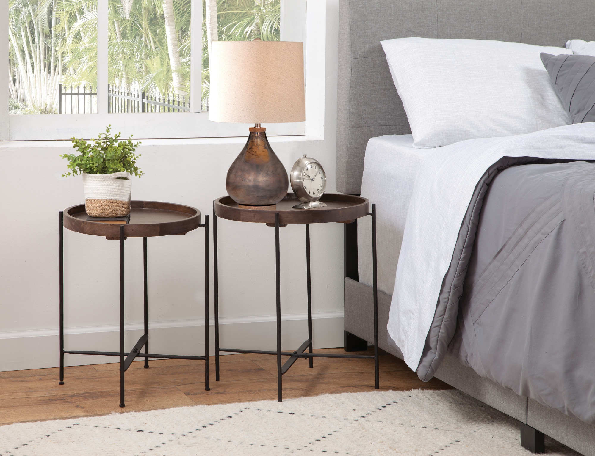 Set of 2 Round Black and Brown Mango Wood Accent Tables