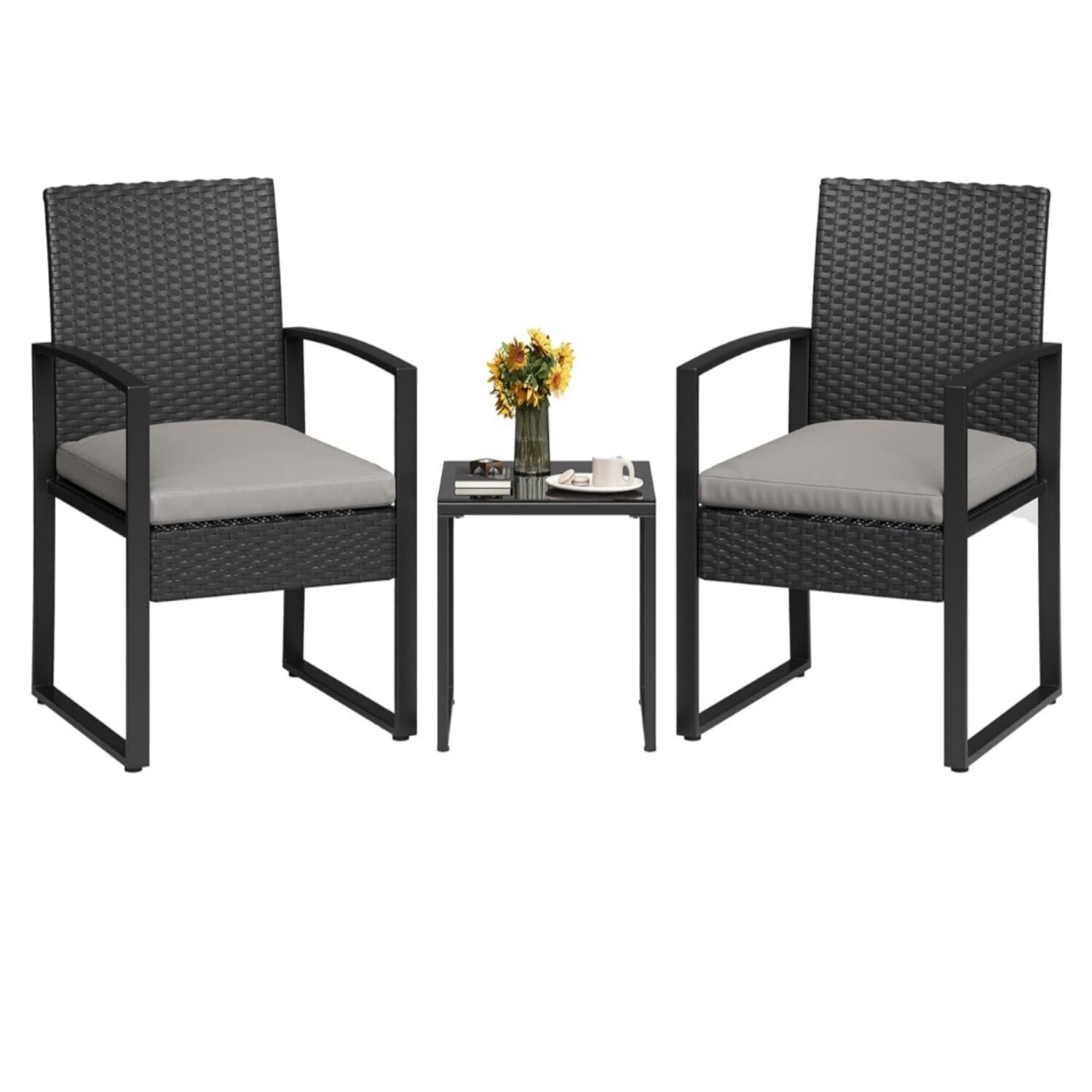 Garvee - 3-Piece Patio Bistro Set  PE Rattan Patio Conversation Set with Tempered Glass Coffee Ta...