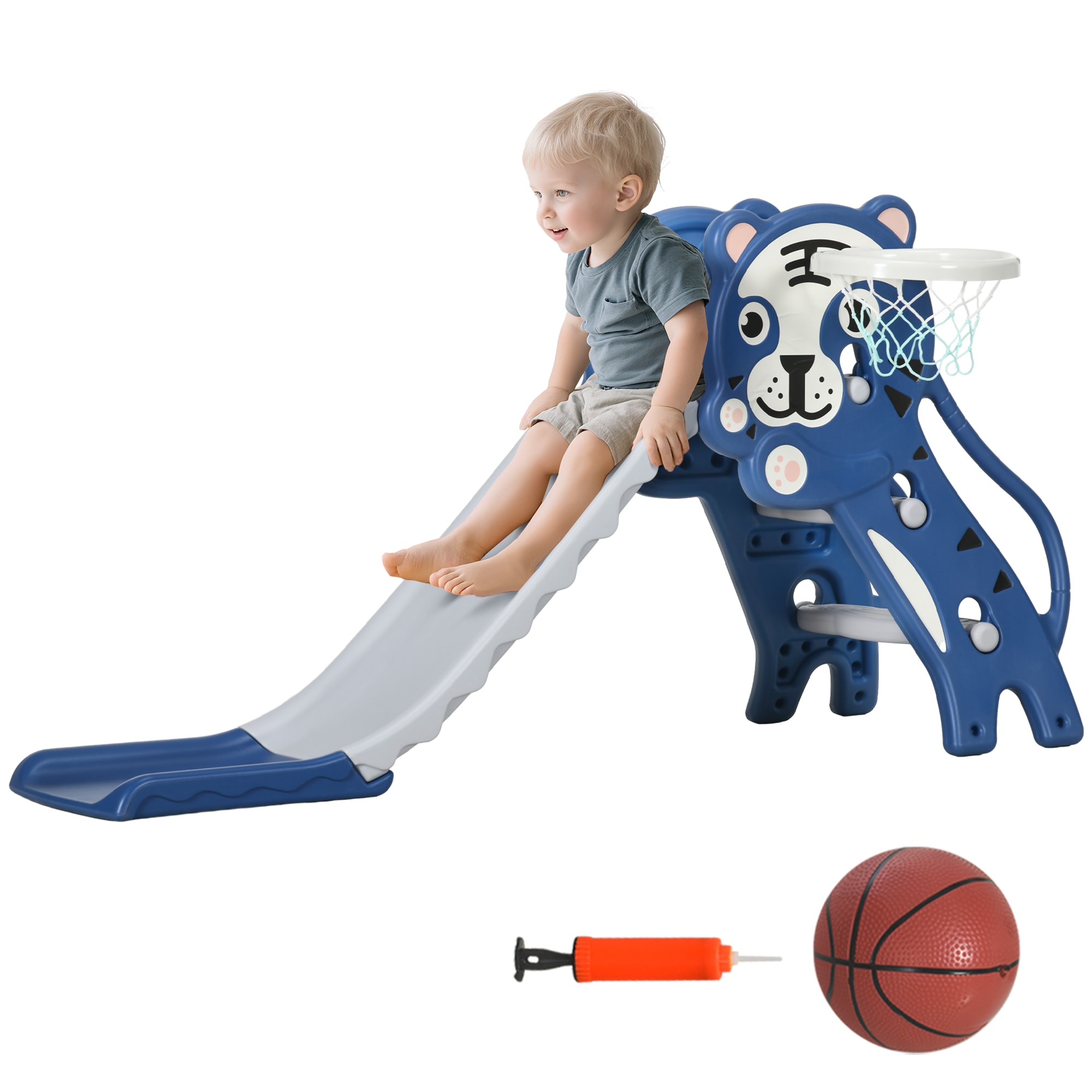 Qaba 331-043V00BU 3 in 1 Toddler Slide for Indoors Toy for Toddler Easy Set Up Baby Slide with Basketball Hoop for Kids 18-36 Months Blue
