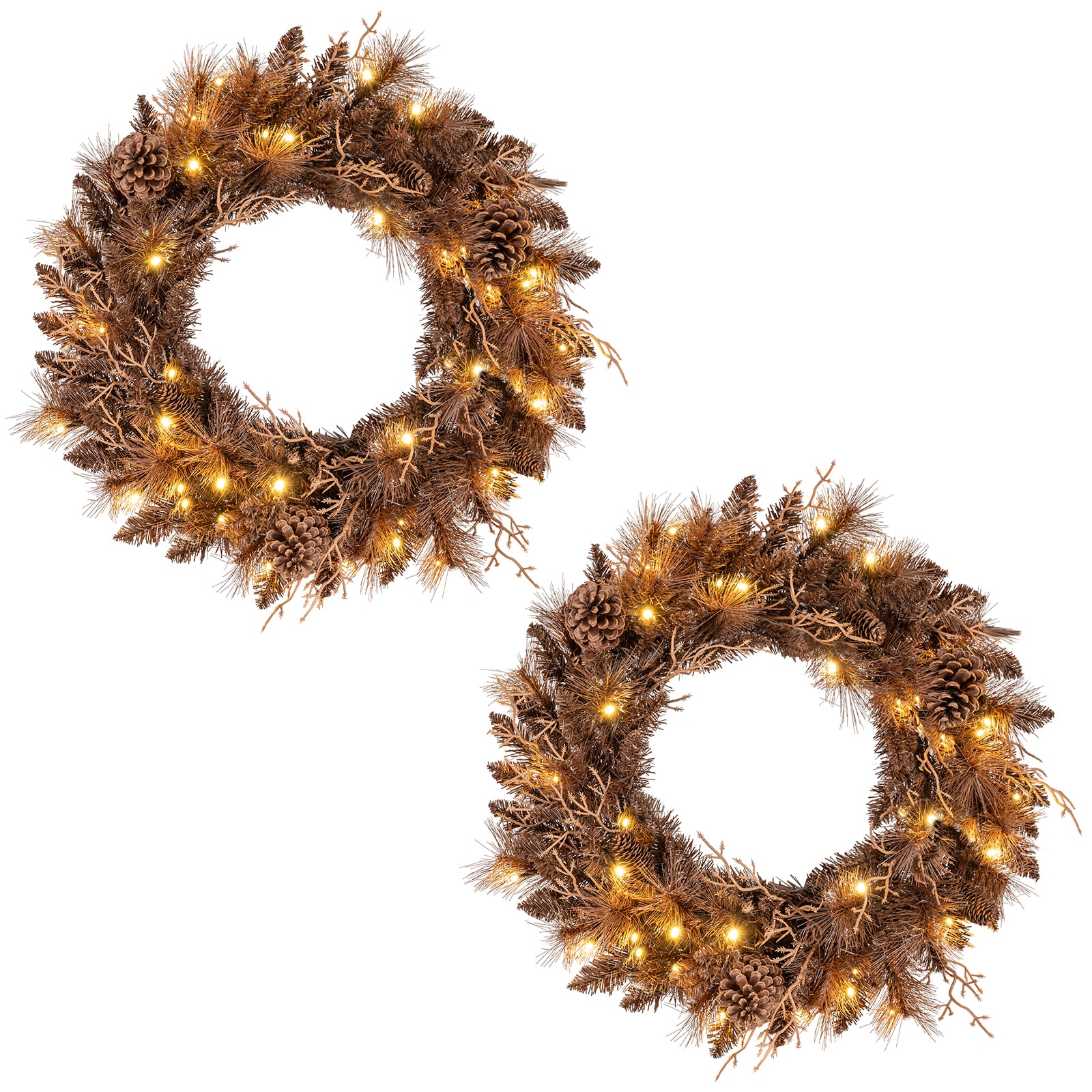 Slickblue Set of 2 Pre Lit Christmas Wreath with Pine Cones LED Lights and Branch Tips for Front Door Doorway Mantel Windows or Staircase