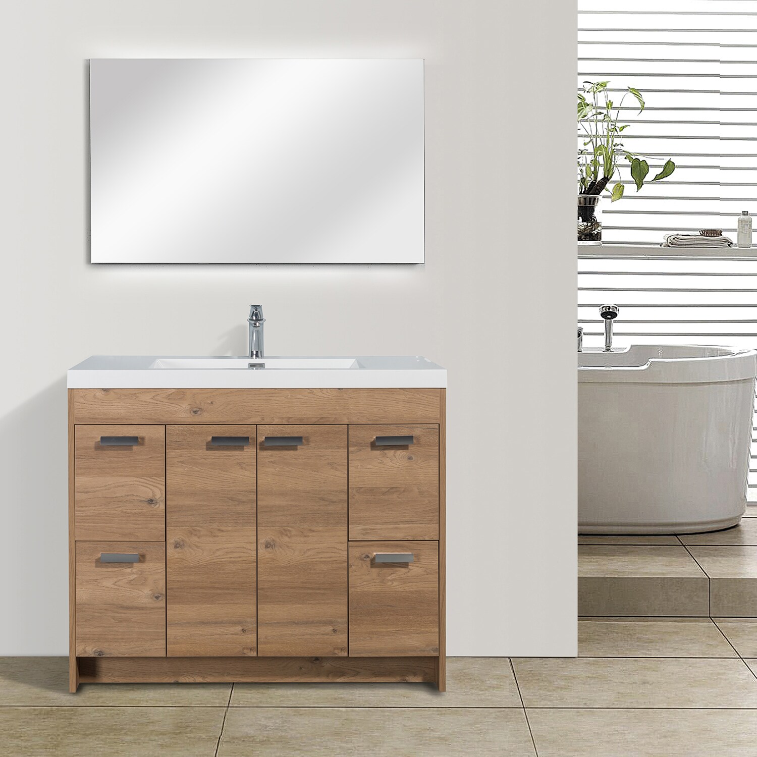 Natural Oak 42'' Single Bathroom Vanity with White Acrylic Top