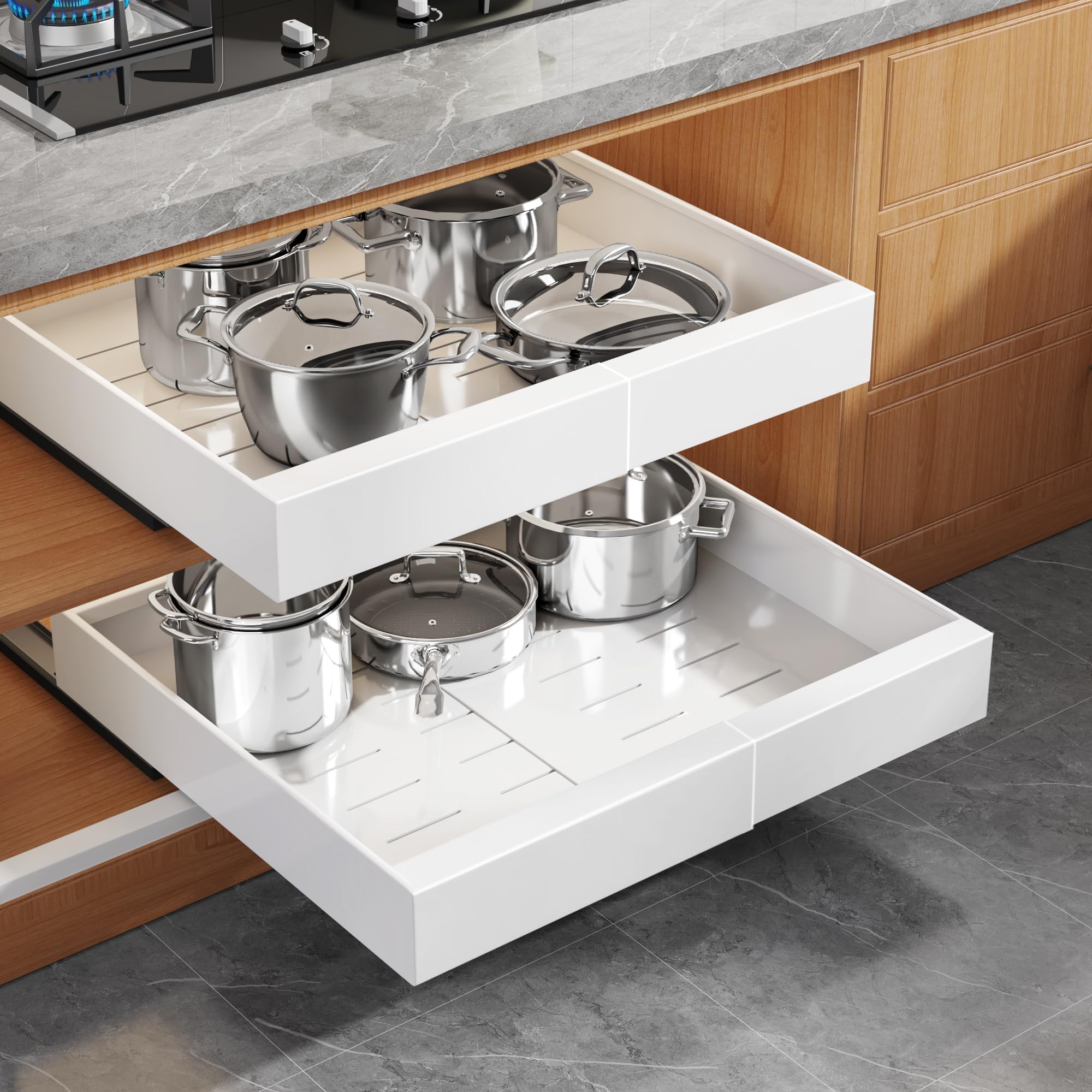 UUDULY 2 Pack Expandable Pull Out Cabinet Organizer with Raising Pad for Framed Cabinets Adjustable Width Twelve Point Two to Twenty Point Four #LUU0818U053