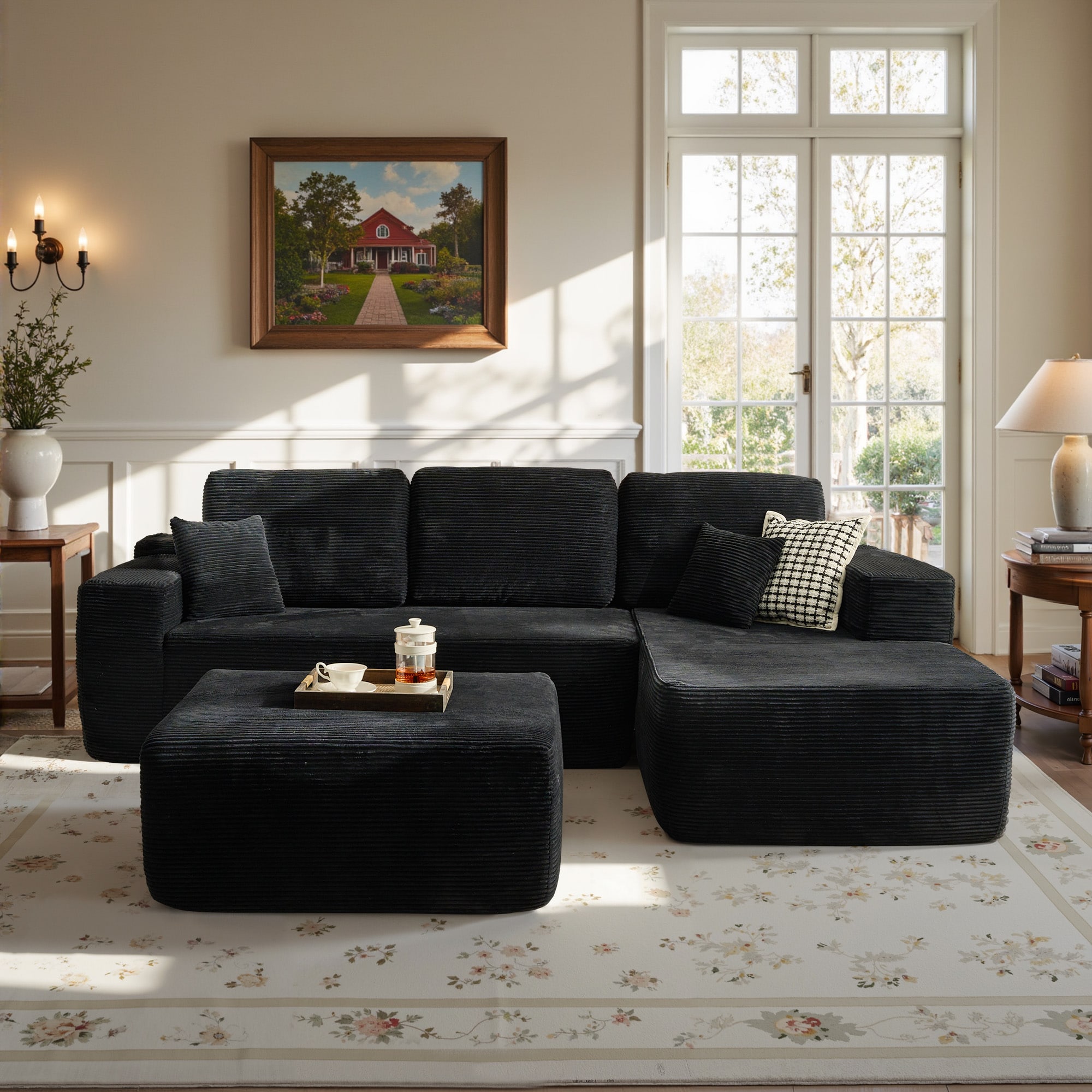 Ovios - 106.3-in W Modern Black( Corduroy)-Right Chaise 3-seater Sectional
