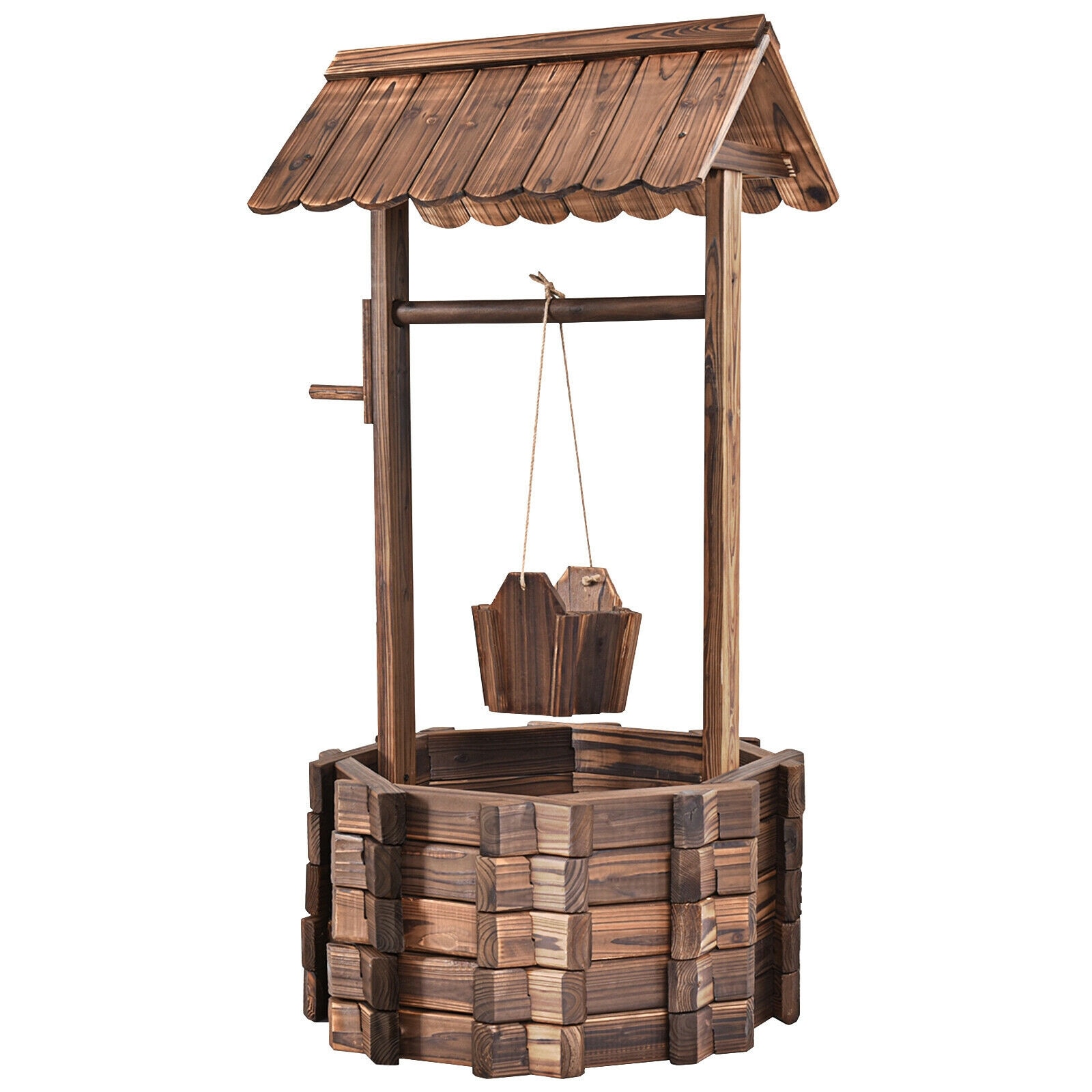 Slickblue Decorative Wooden Wishing Well Planter Bucket For Outdoor Lawn Backyard Patio Garden Use 22 in W x 22 in L x 45 in H Brown