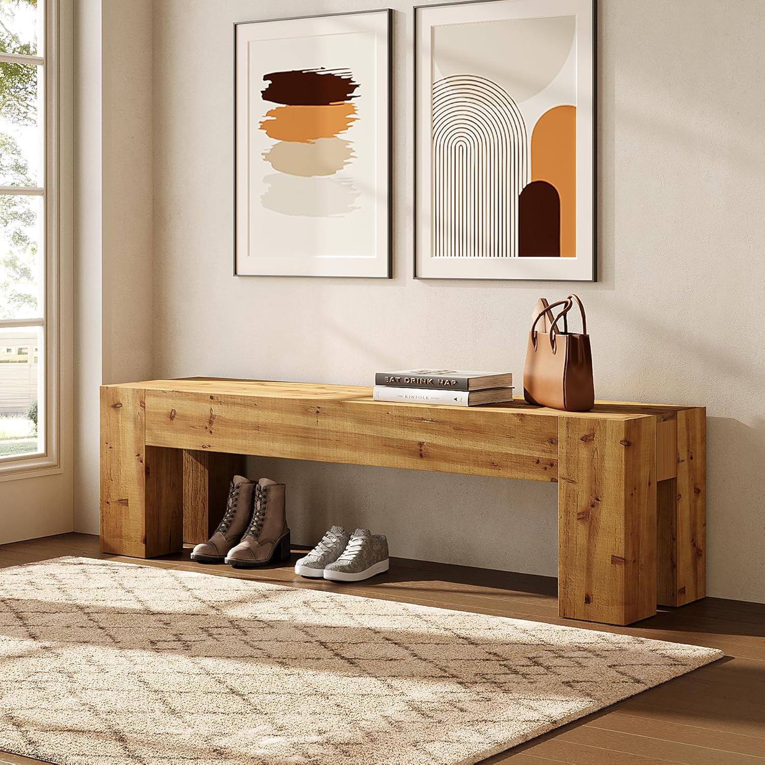 LITTLE TREE Brown 63-Inch Solid Wood Bench Rustic Extra Long Heavy Duty Entryway Bench with Sturdy Frame for Entryway Hallway Easy Assembly