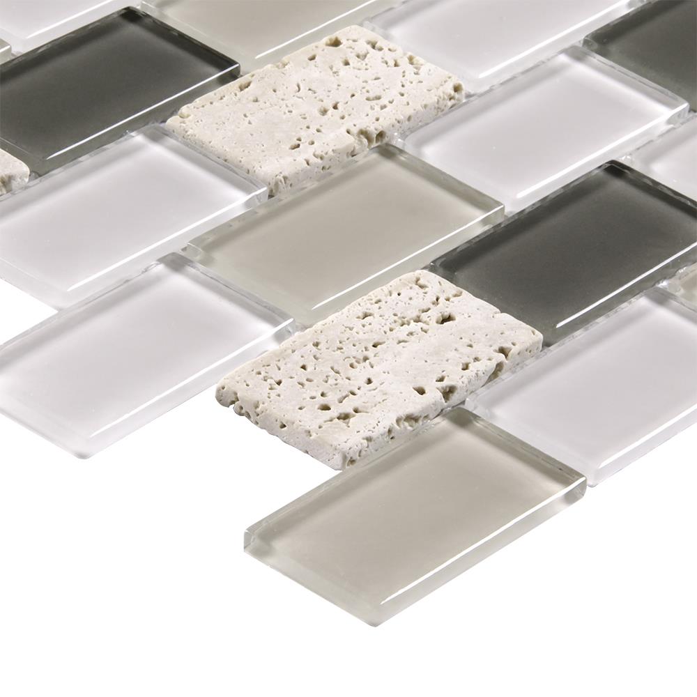 Elida Ceramica Carmel 12-in x 12-in Glossy Glass/Stone Travertine Brick Mosaic Wall Tile