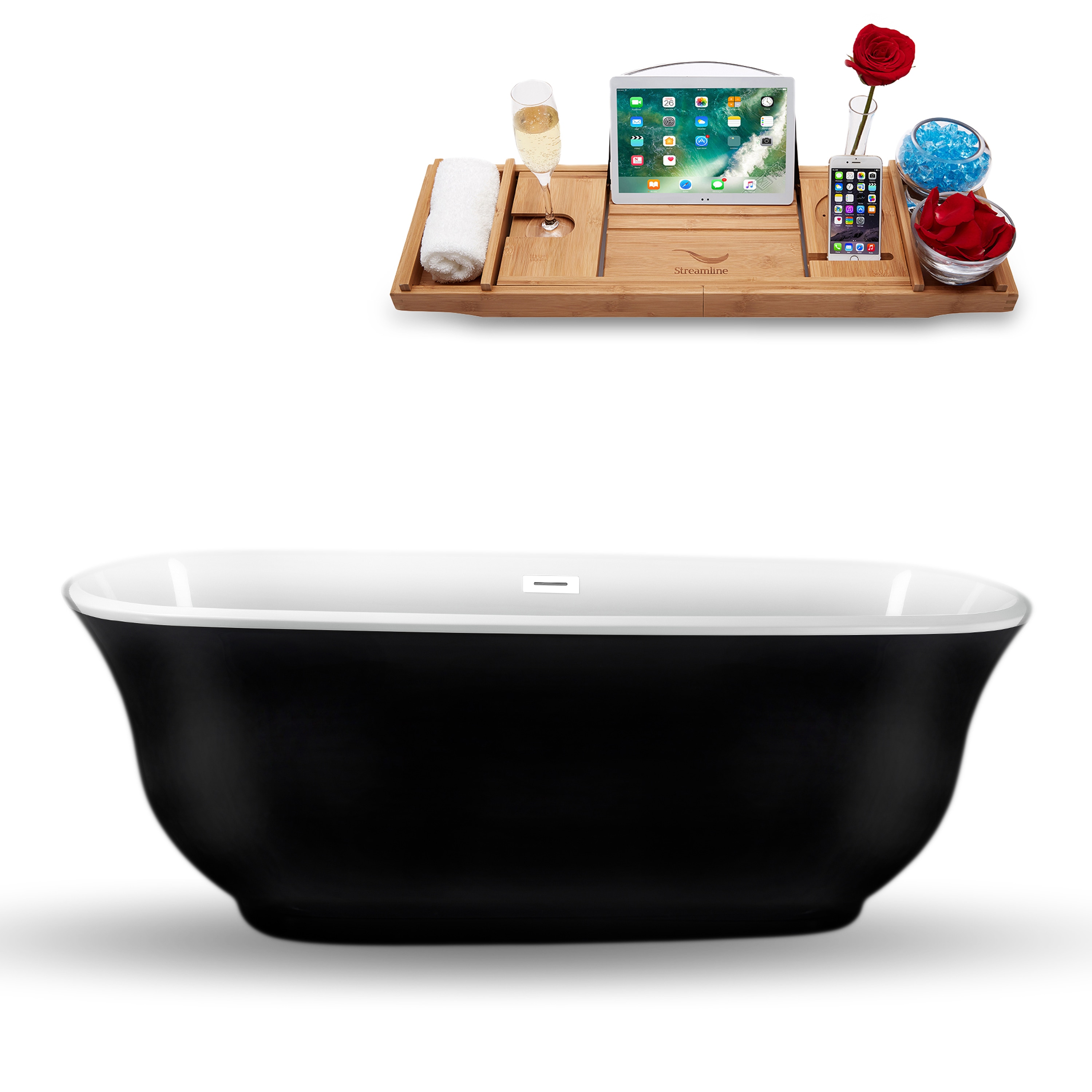 Streamline N663WH 30.7-in x 66.9-in Glossy Black Acrylic Oval Freestanding Soaking bathtub with Drain ( Center Drain )