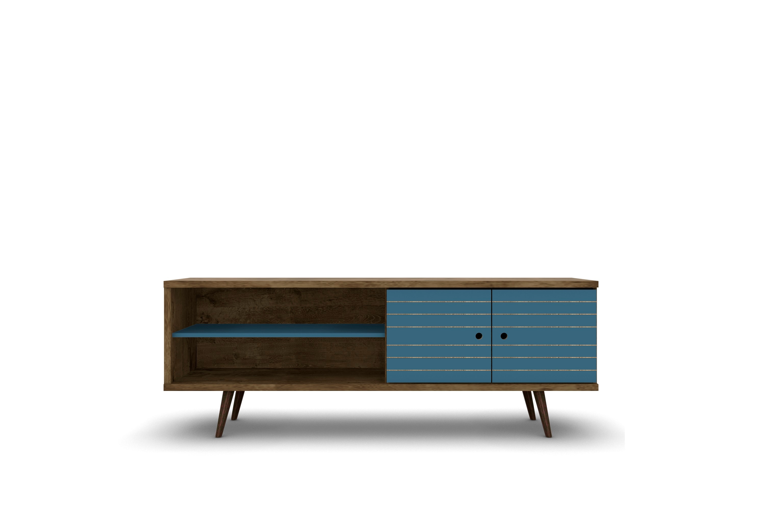 Rustic Brown and Aqua Blue 63" MDF TV Stand with Cabinet
