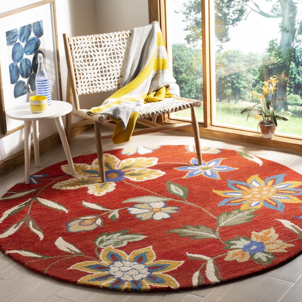 Ivory and Rust Floral Handmade Wool Round Rug