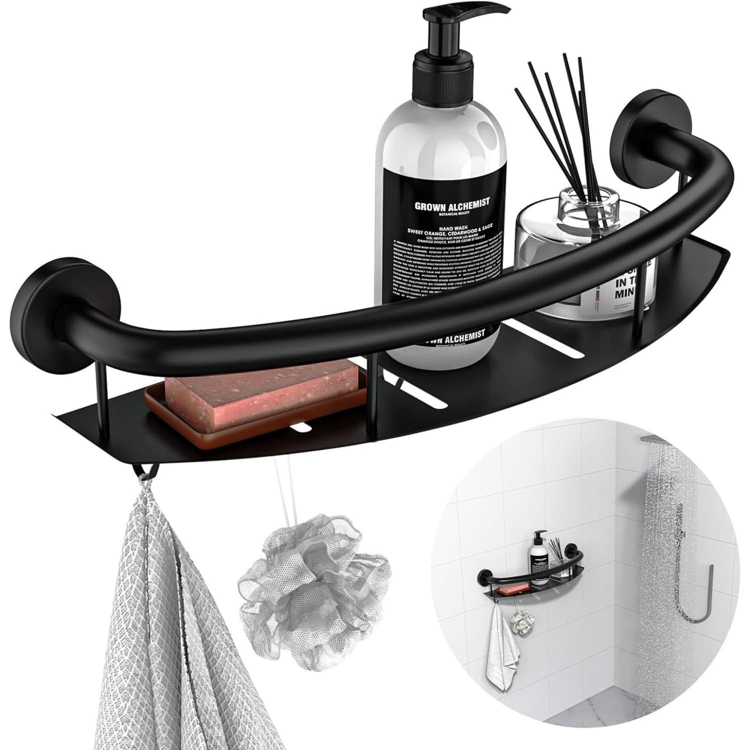 Angel Sar 18in L Black Grab Bar with Storage Shelf for Bathtubs and Showers