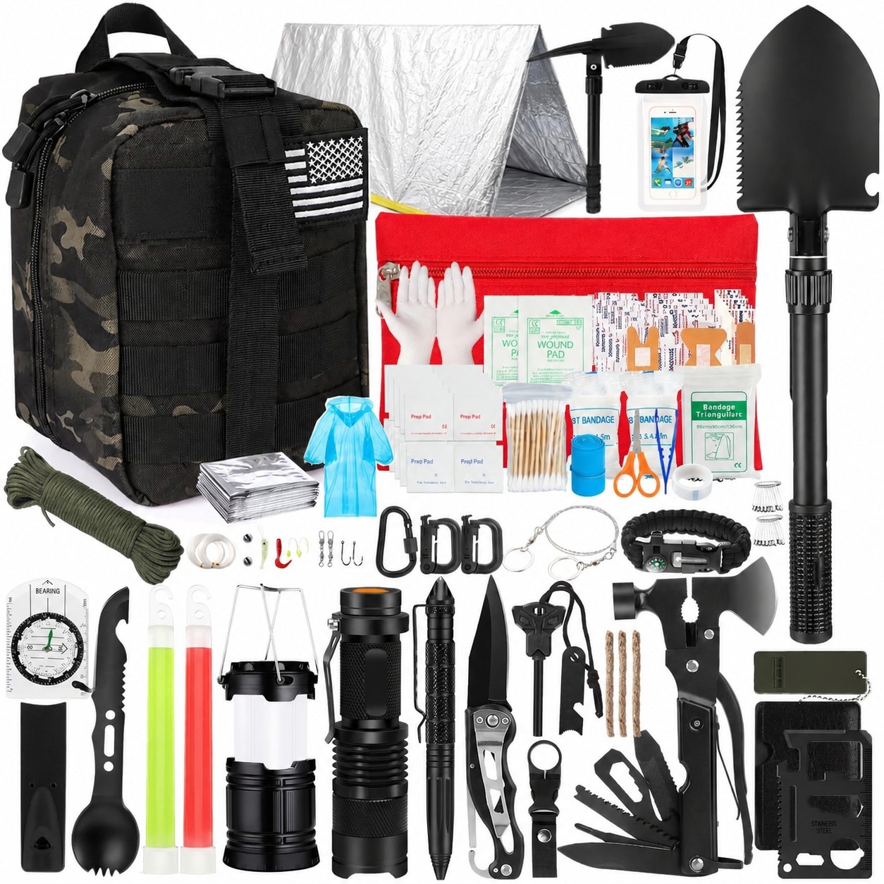 Anqtovp  250 pcs Survival Kit with First Aid Supplies Molle System Bag Emergency Tent for Outdoor Adventure Hiking Camping Hunting Disaster