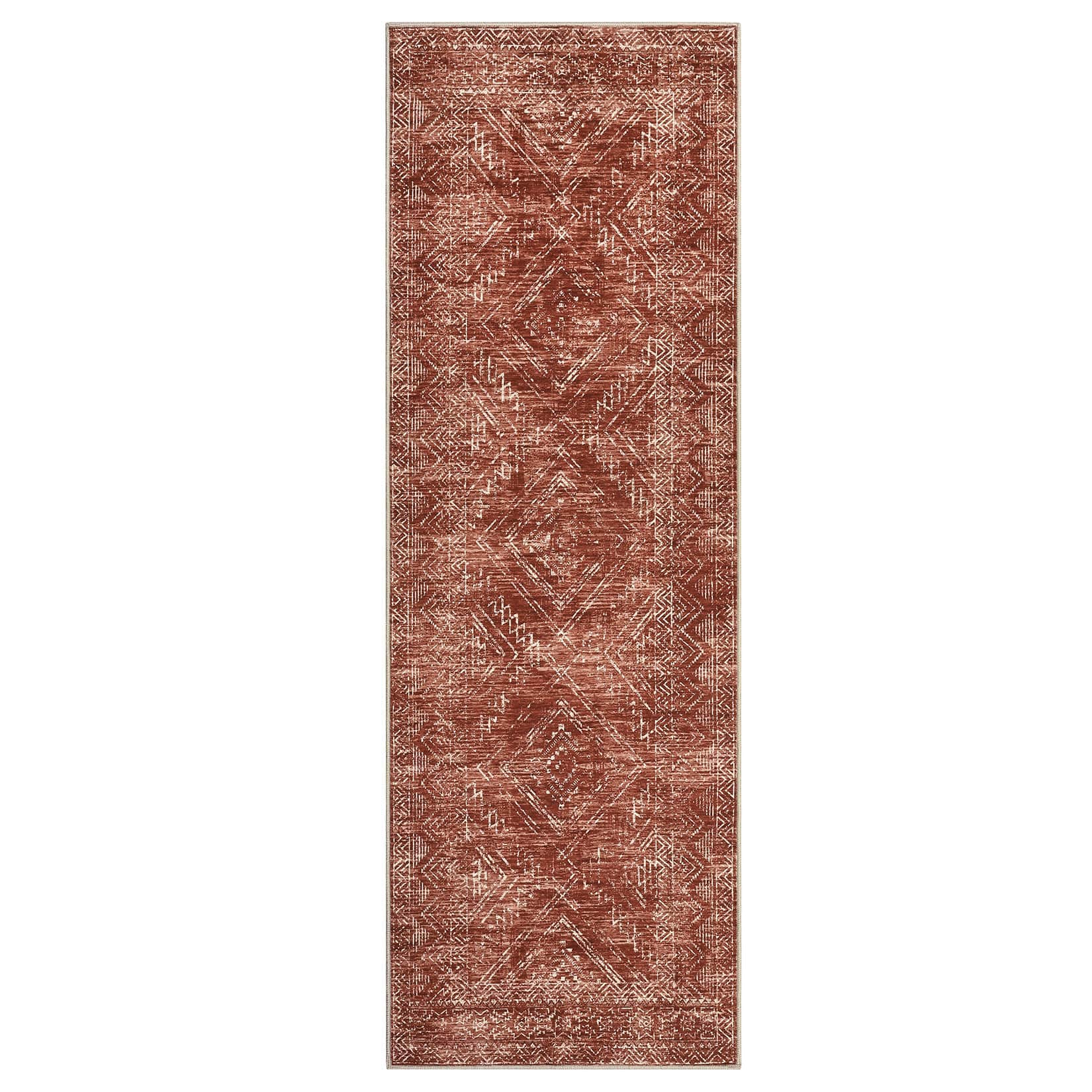 Qeetex LSN-PHO-33RAC4IF 2 x 8 ft Polyester Cashmere Dark Red Rectangular Hallway Bathroom Entryway Kitchen Office Foldable Geometric Modern Washable Area Rug