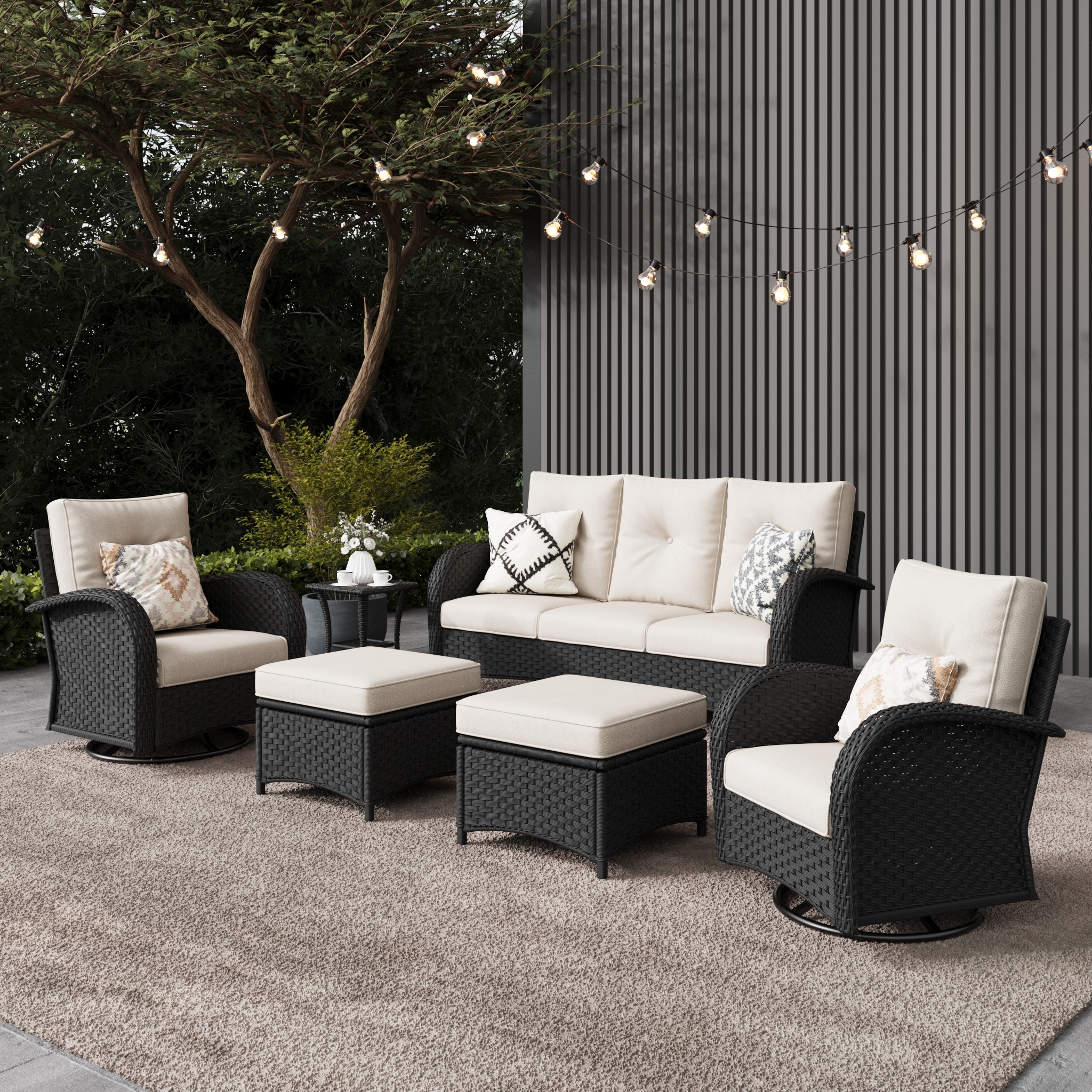 LayinSun BYT7005-HEBEIGE-6PWT 6 -Piece Outdoor Rattan Patio Conversation Set with Beige Cushions
