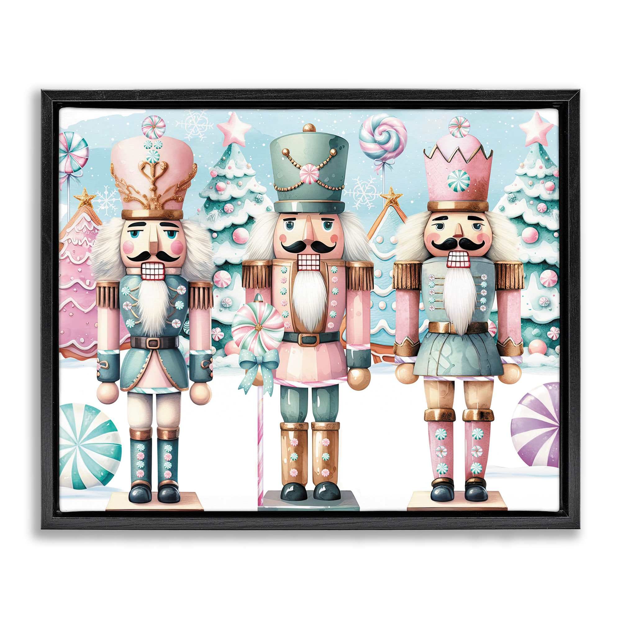 Stupell Industries Pastel Nutcracker Trio Black Floating Frame Canvas Art 21 x 17