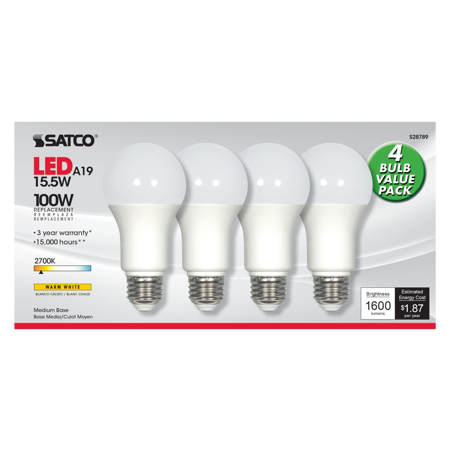 SATCO NUVO EJD3838604 A19 E26 Medium LED Bulb Warm White 100 Watt Equivalence 4 pk