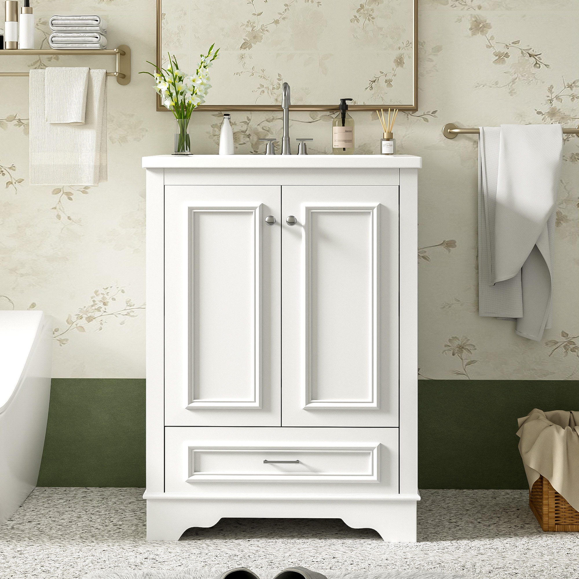 Wooakway - 24in Bathroom Vanity with Ceramic Sink Combo Modern Freestanding Storage Cabinet with ...